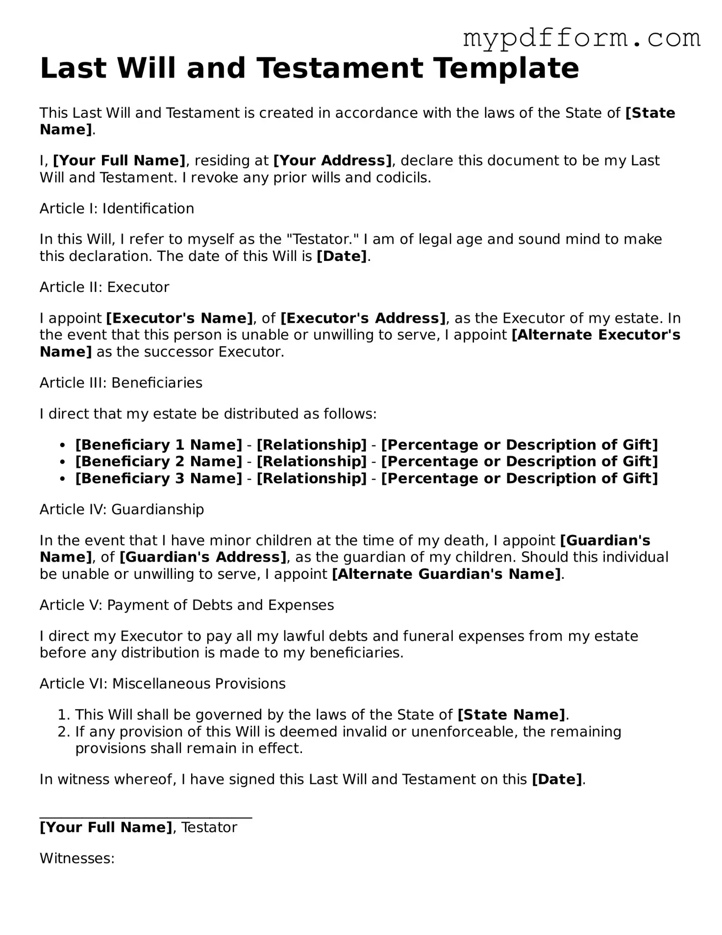 Fillable Last Will and Testament Document