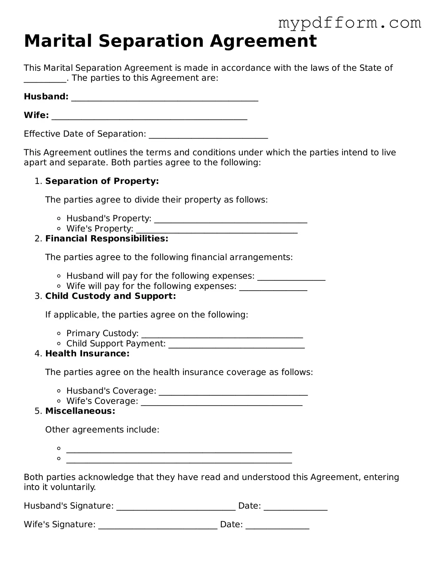 Fillable Marital Separation Agreement Document
