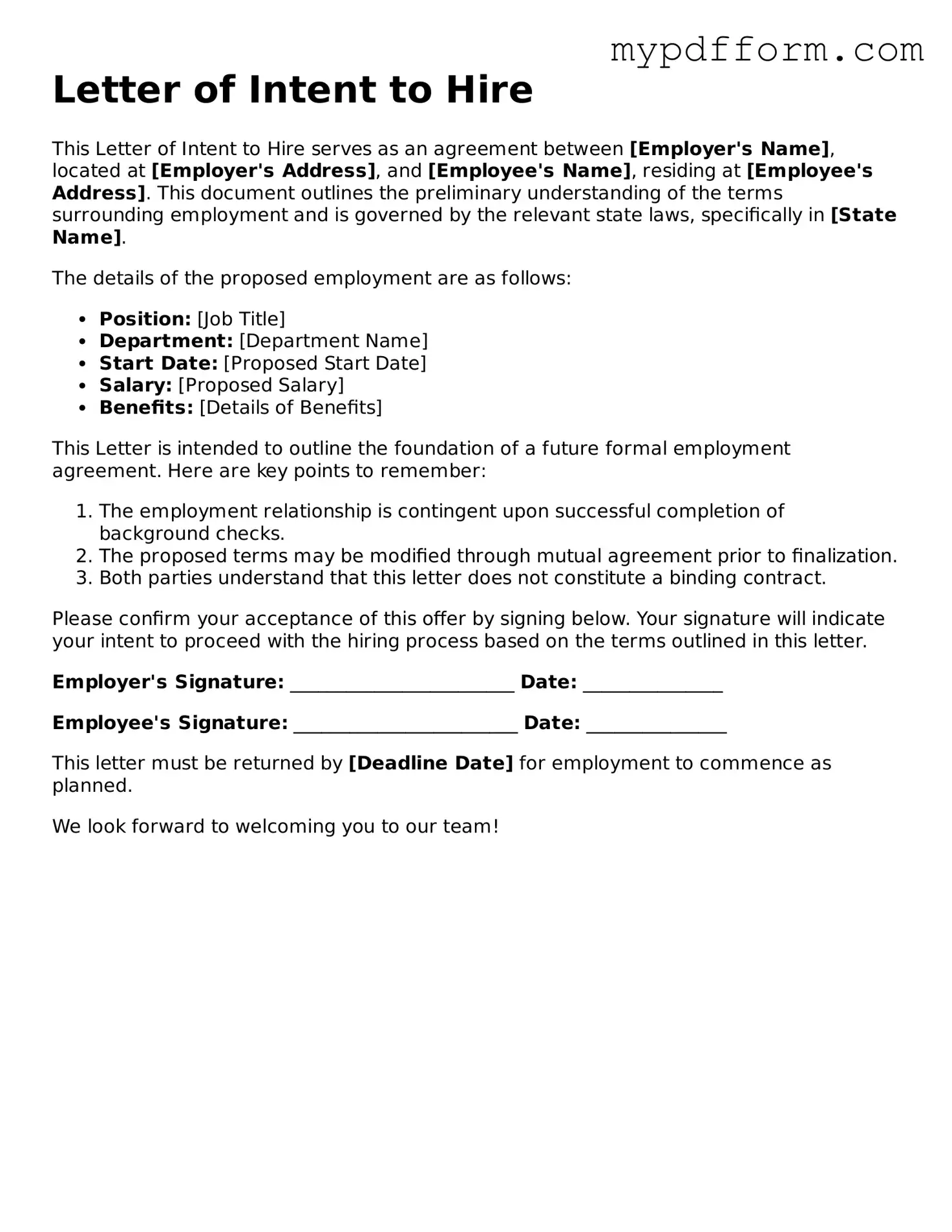 Fillable Letter of Intent to Hire Document