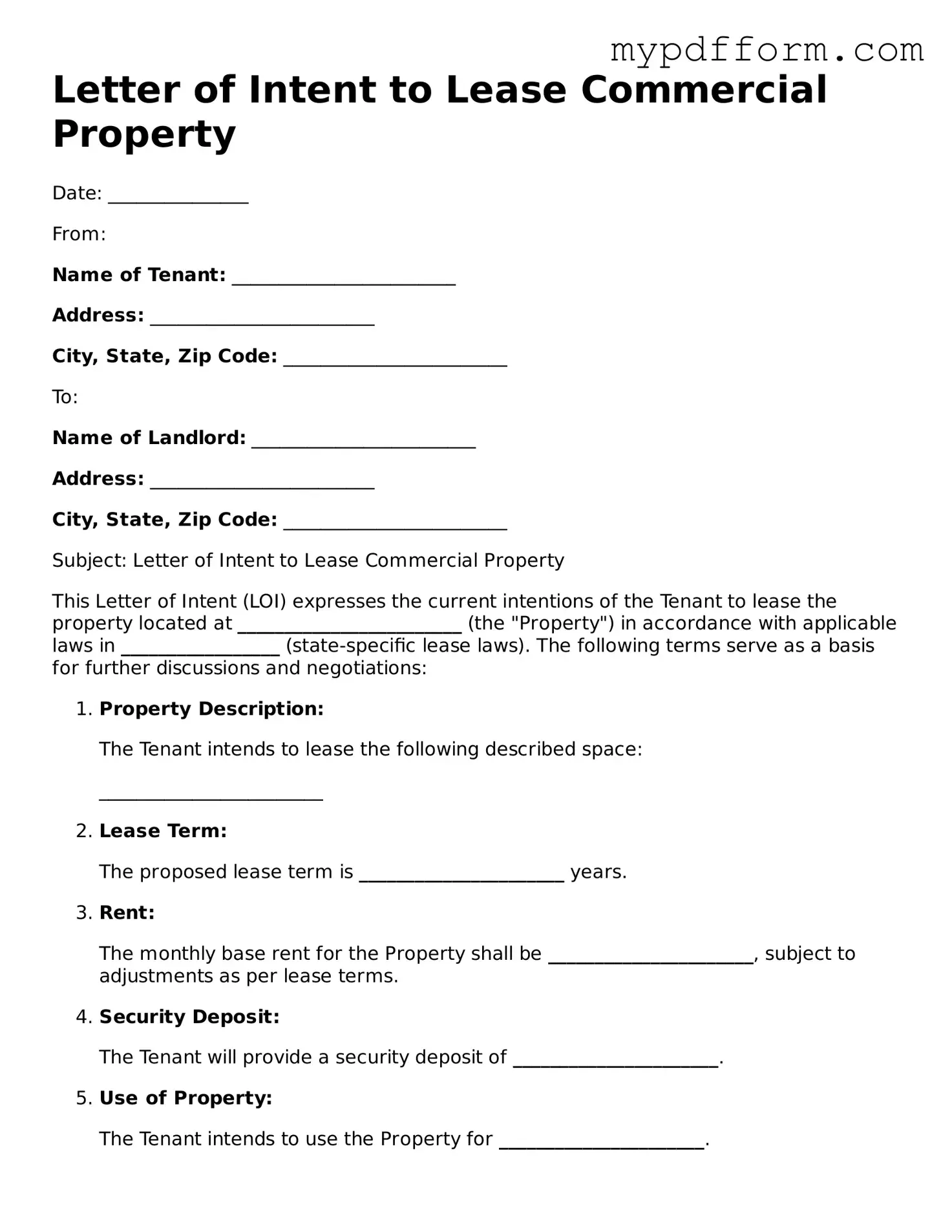 Fillable Letter of Intent to Lease Commercial Property Document