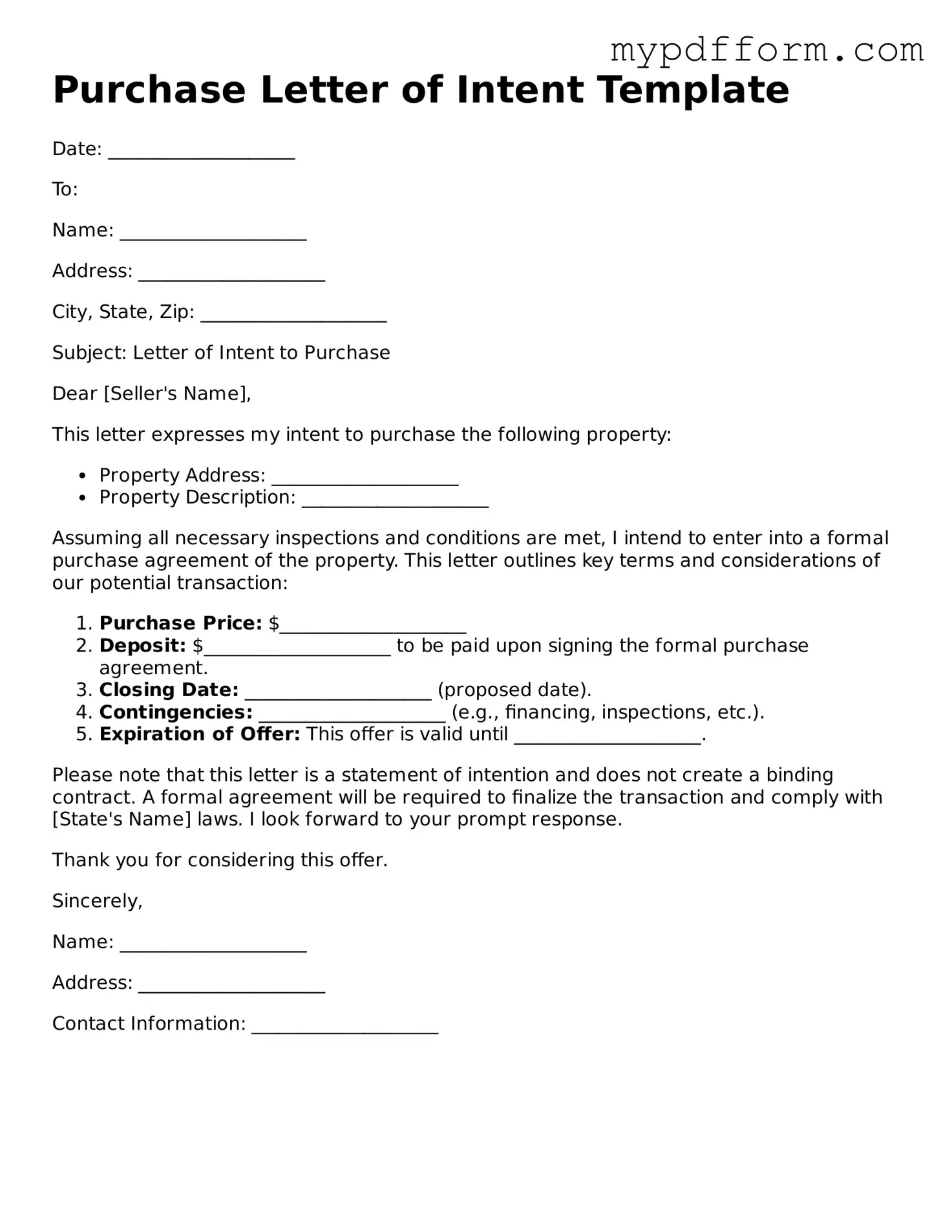 Fillable Purchase Letter of Intent Document