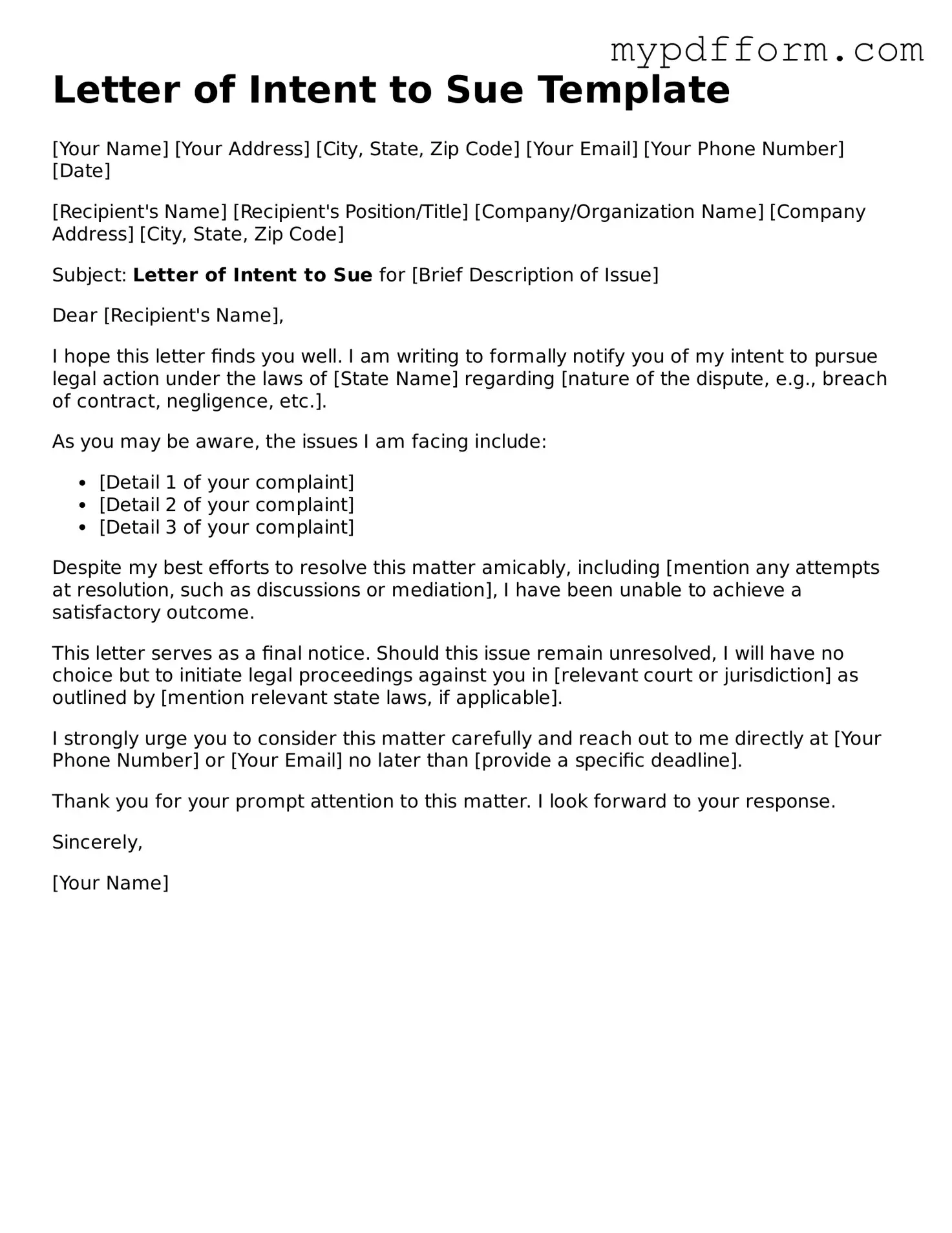 Fillable Letter of Intent to Sue Document