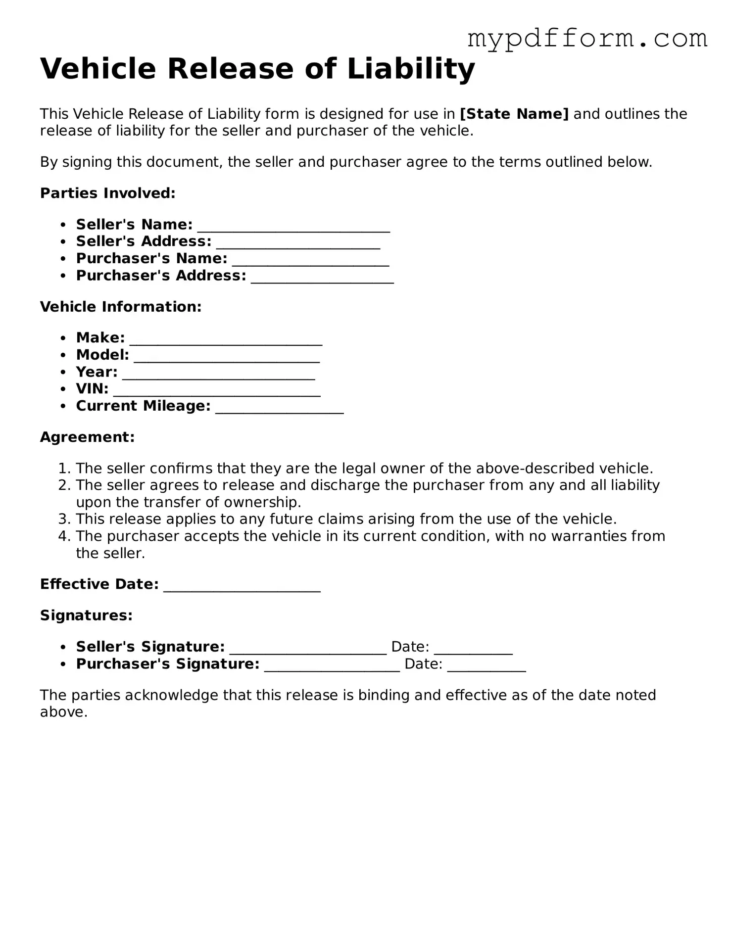 Fillable Vehicle Release of Liability Document