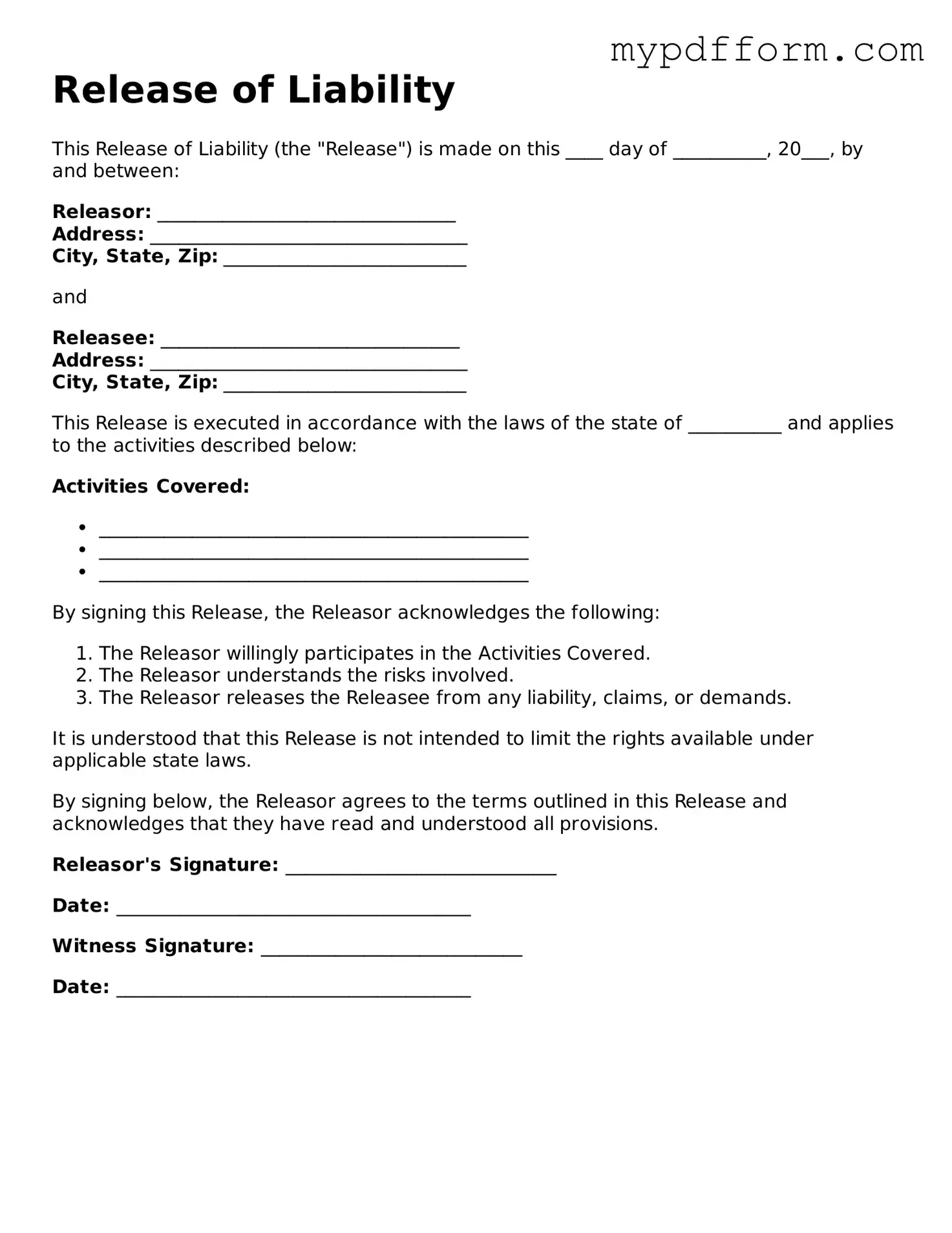 Fillable Release of Liability Document