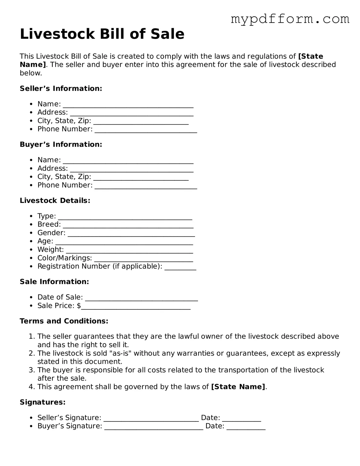 Fillable Livestock Bill of Sale Document