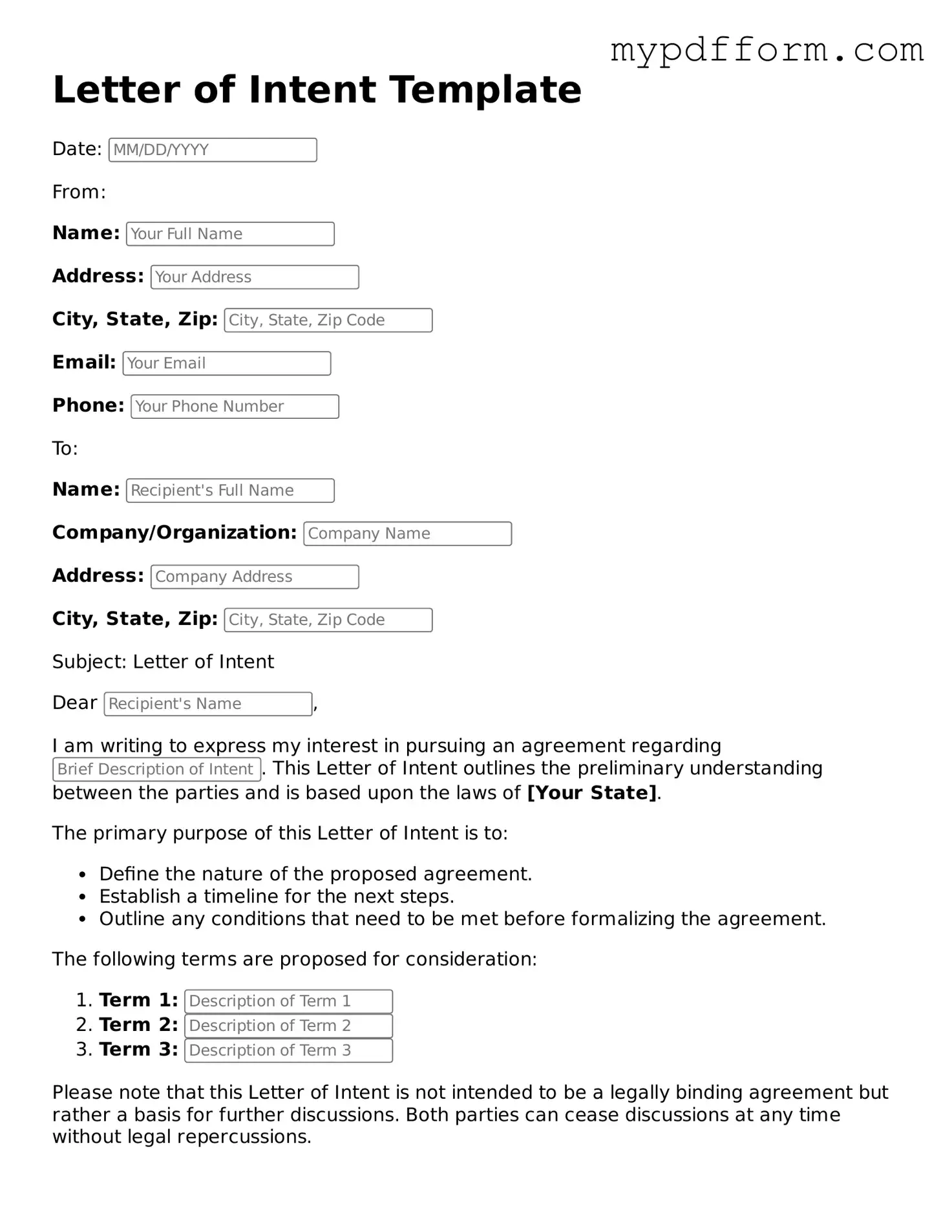Fillable Letter of Intent Document