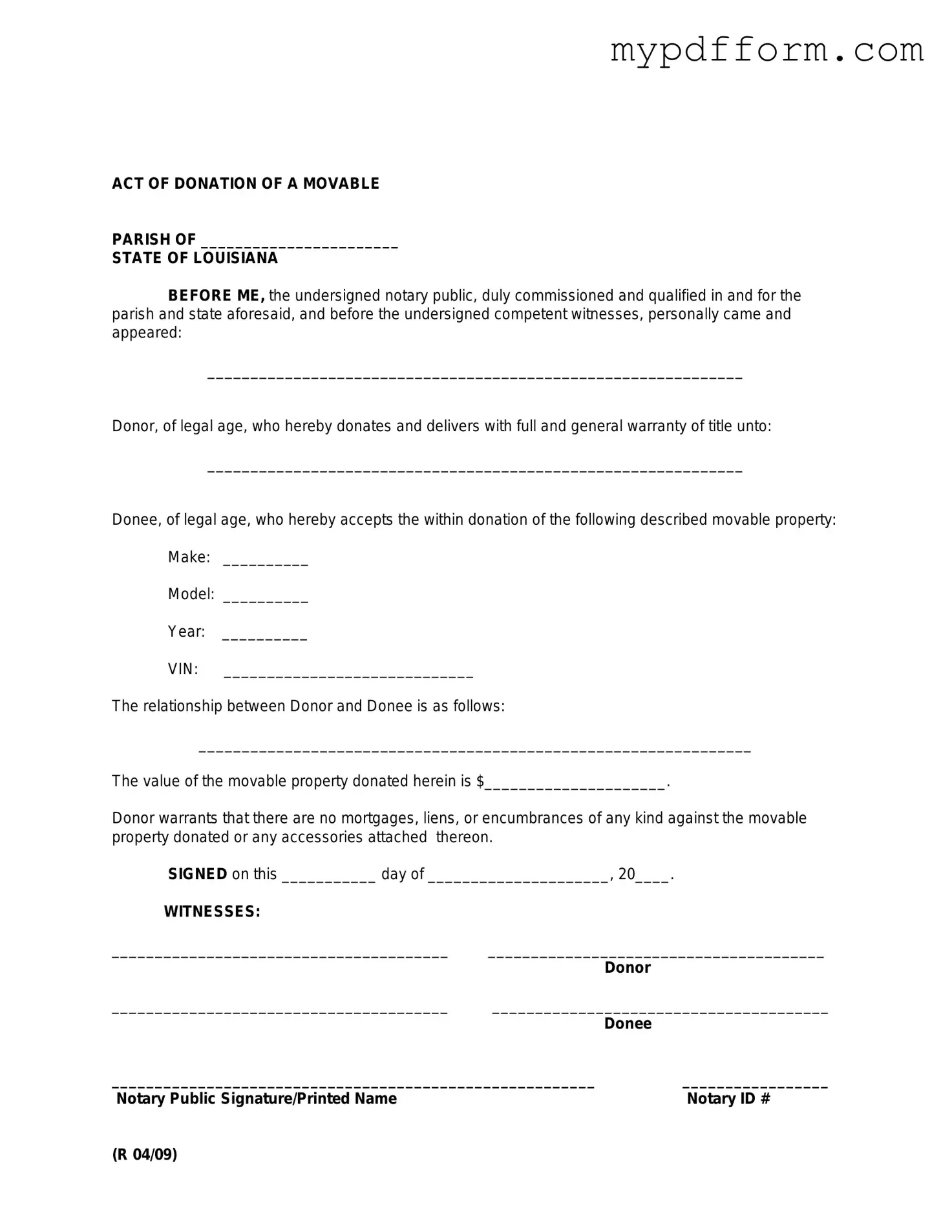 Fill in Your Louisiana act of donation Form