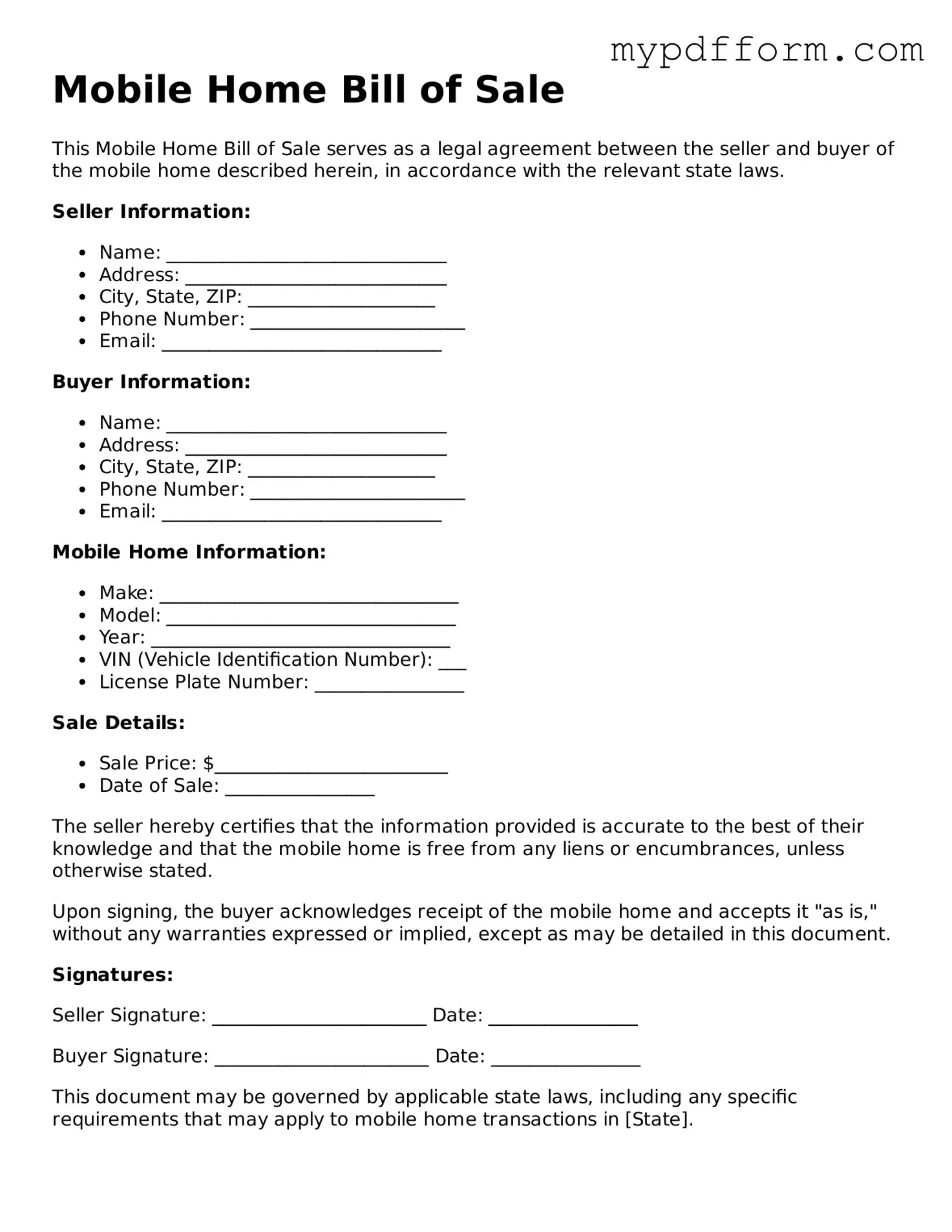 Fillable Mobile Home Bill of Sale Document