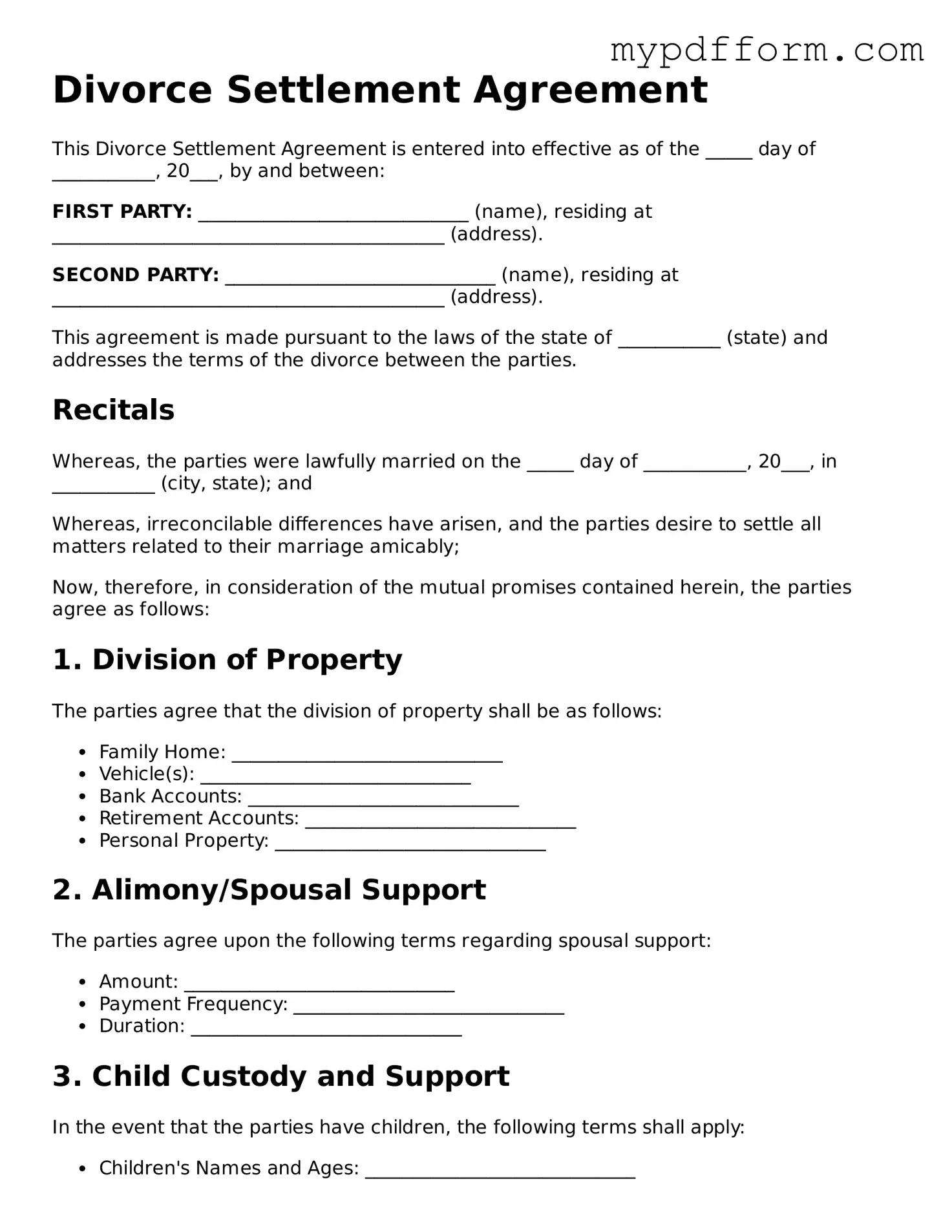 Fillable Divorce Settlement Agreement Document