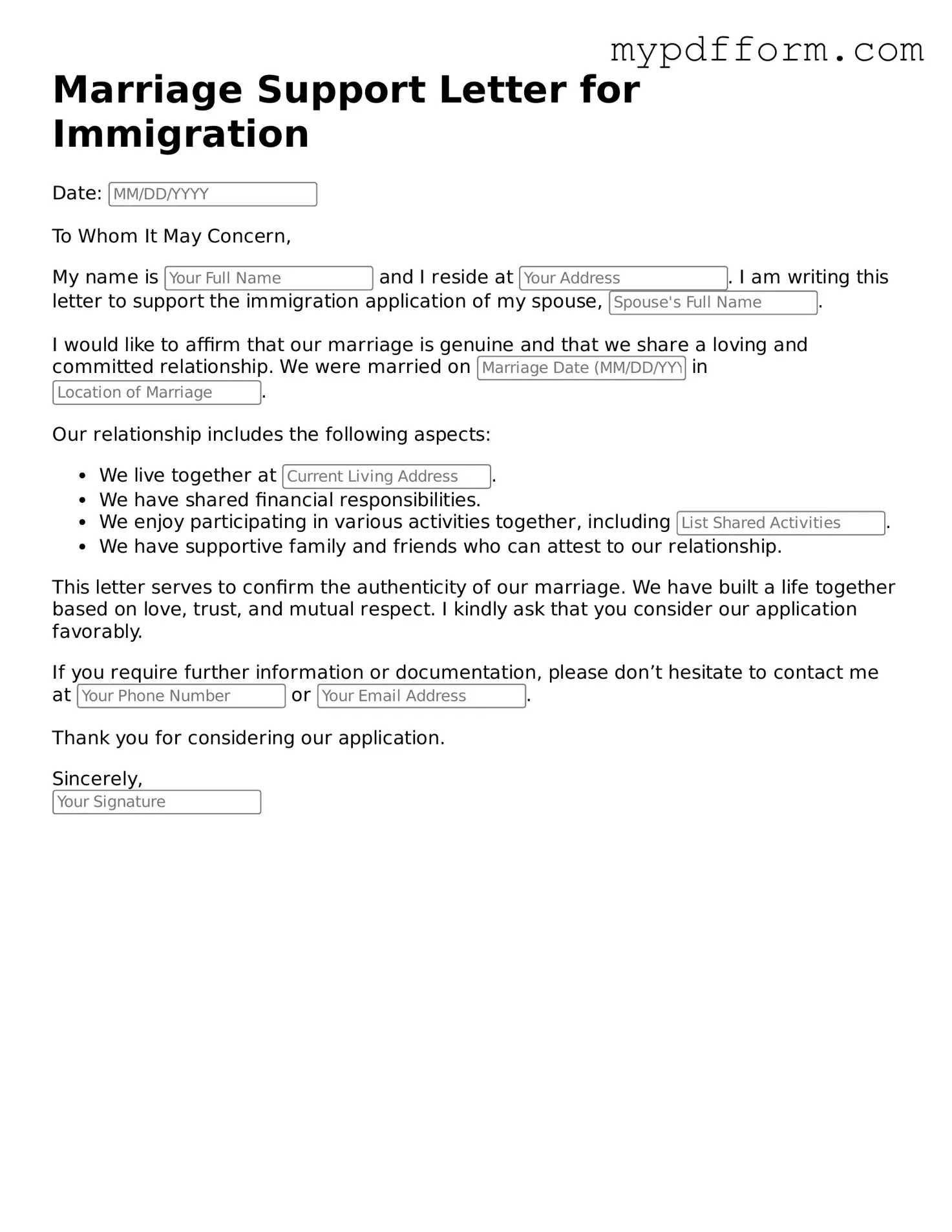 Fillable Marriage Support Letter for Immigration Document