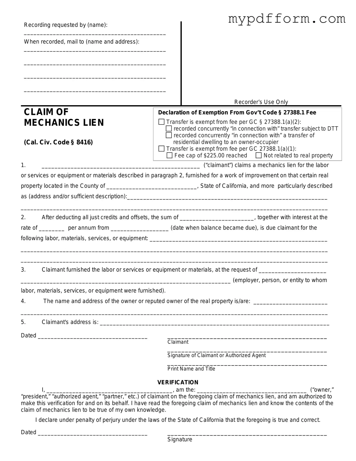 Fill in Your Mechanics Lien California Form