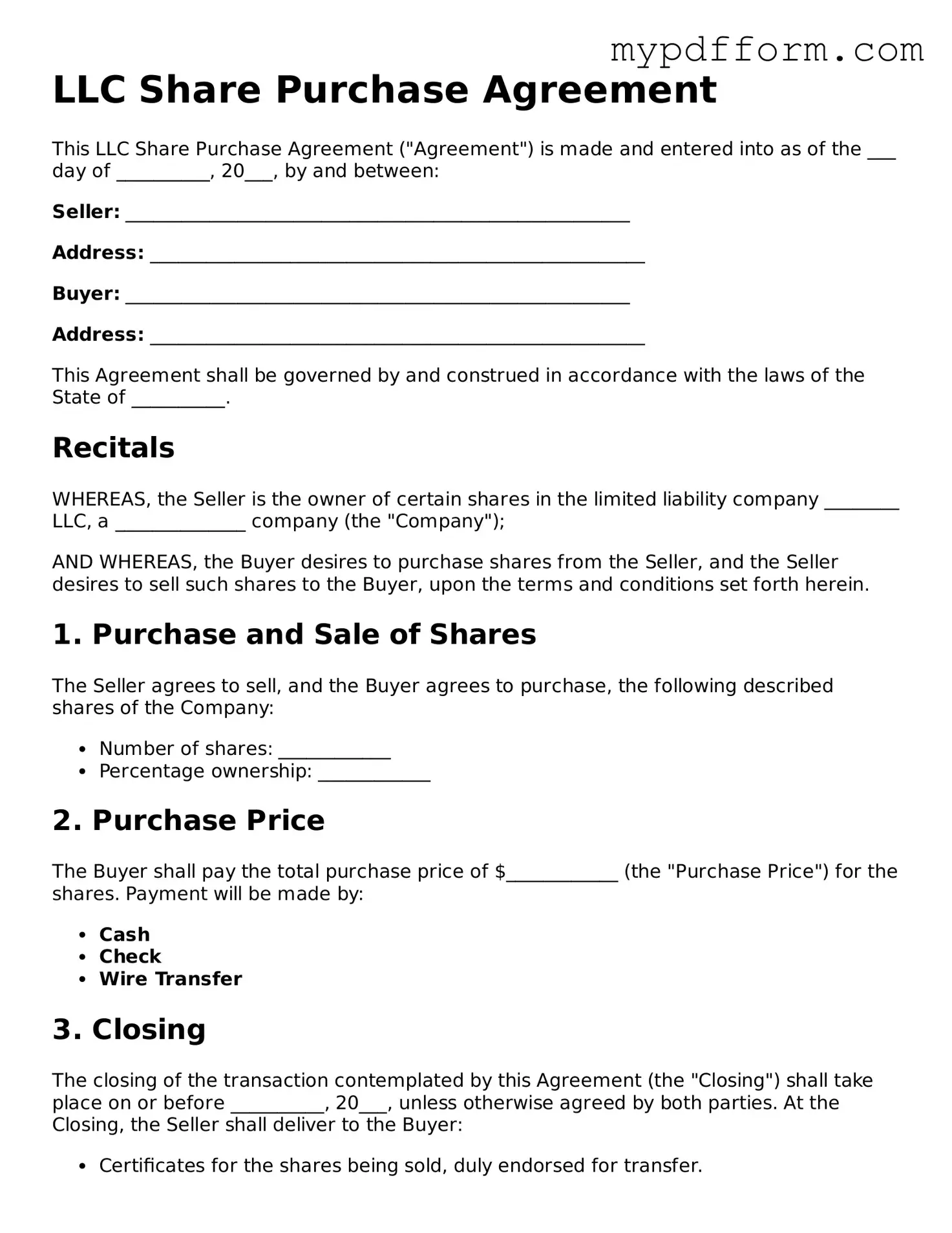 Fillable LLC Share Purchase Agreement Document