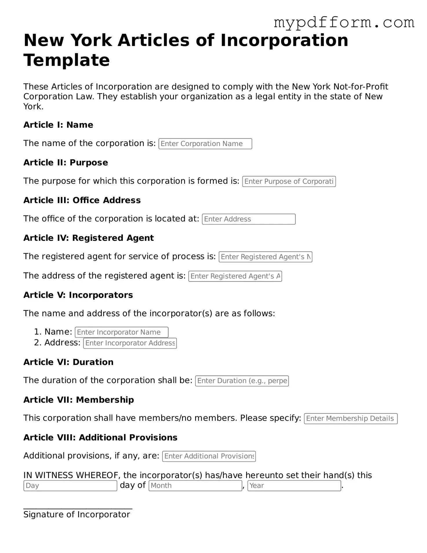 Valid  Articles of Incorporation Template for New York