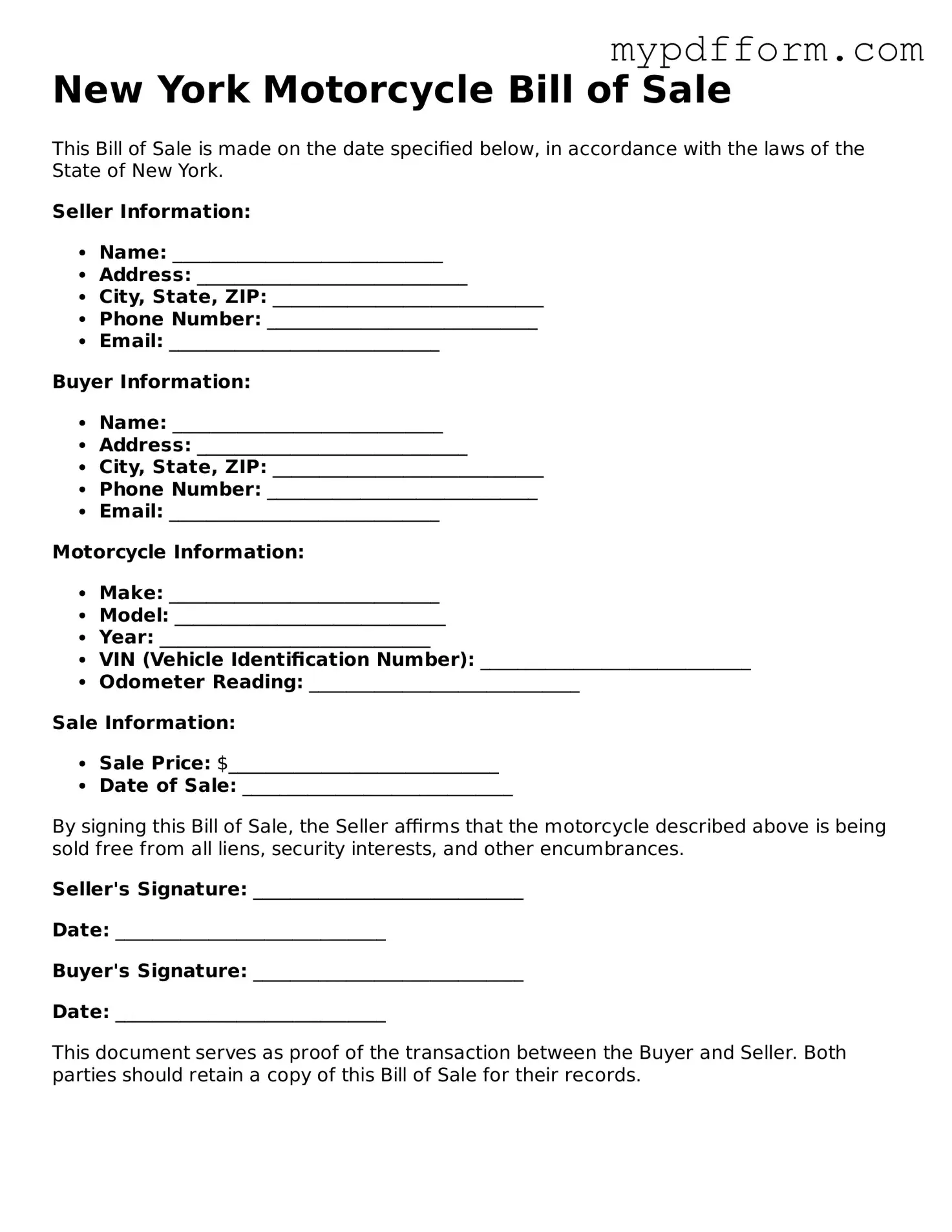 Valid  Motorcycle Bill of Sale Template for New York