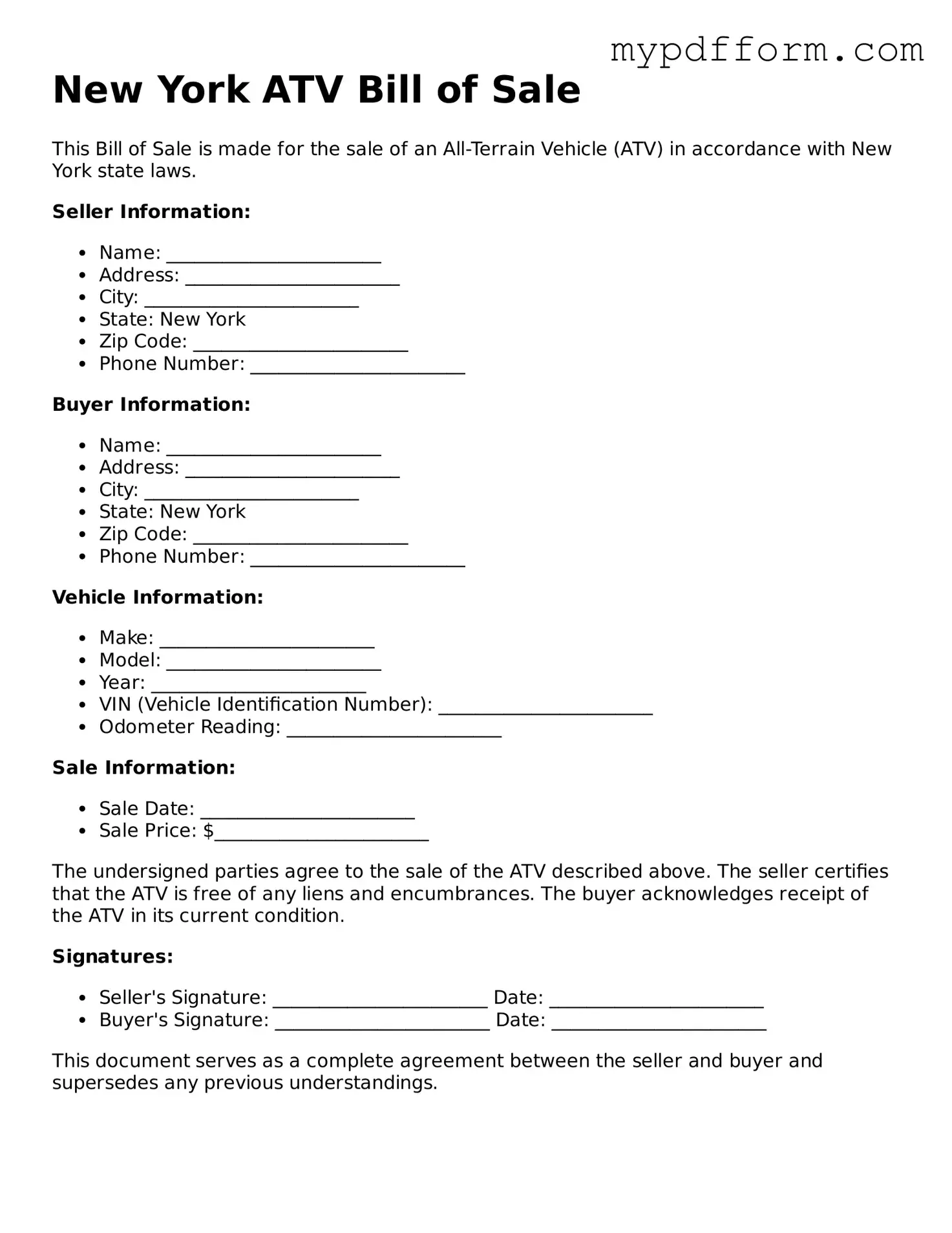 Valid  ATV Bill of Sale Template for New York