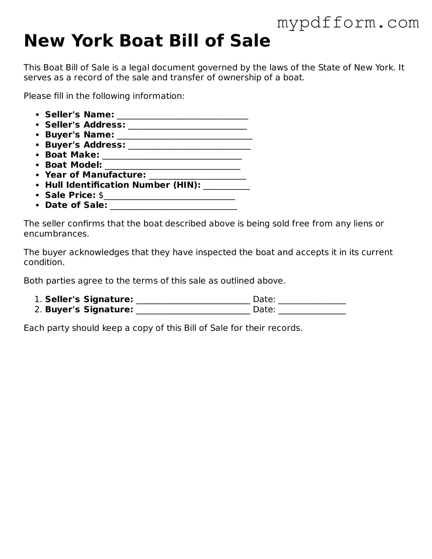 Valid  Boat Bill of Sale Template for New York