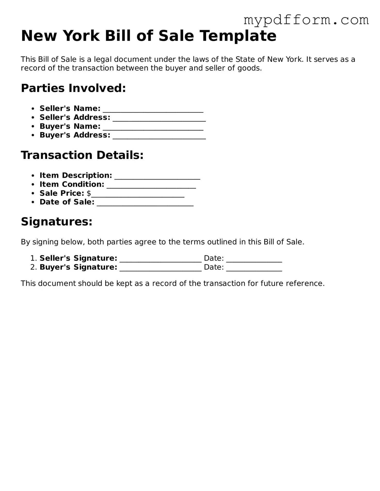 Valid  Bill of Sale Template for New York