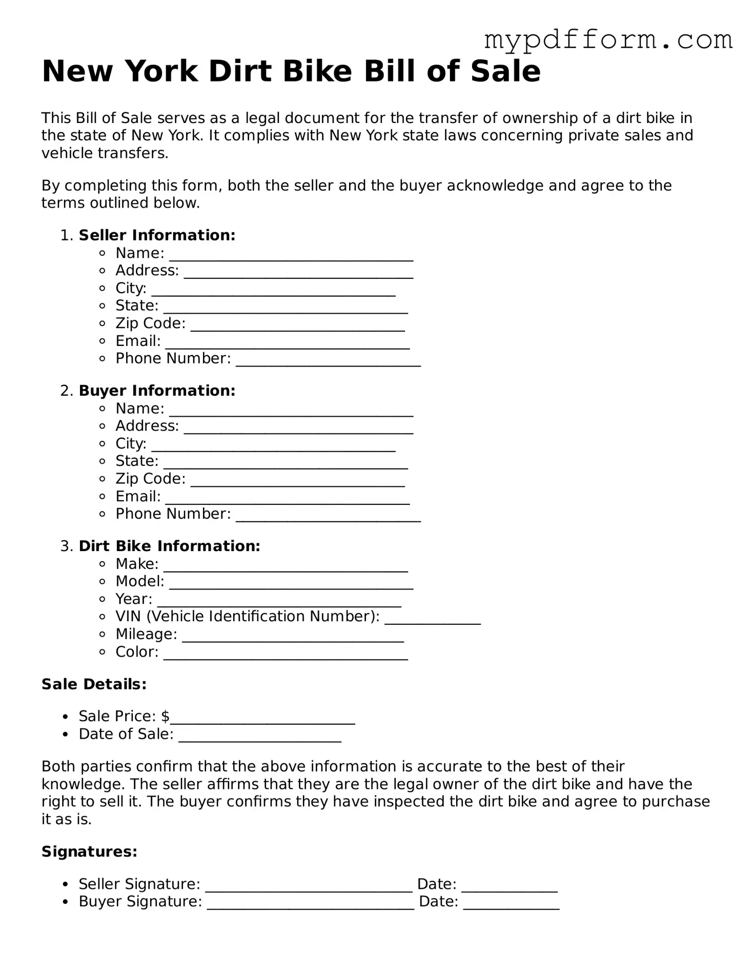 Valid  Dirt Bike Bill of Sale Template for New York