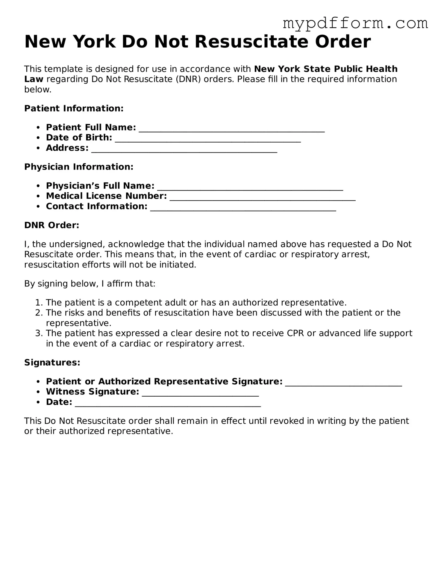 Valid  Do Not Resuscitate Order Template for New York