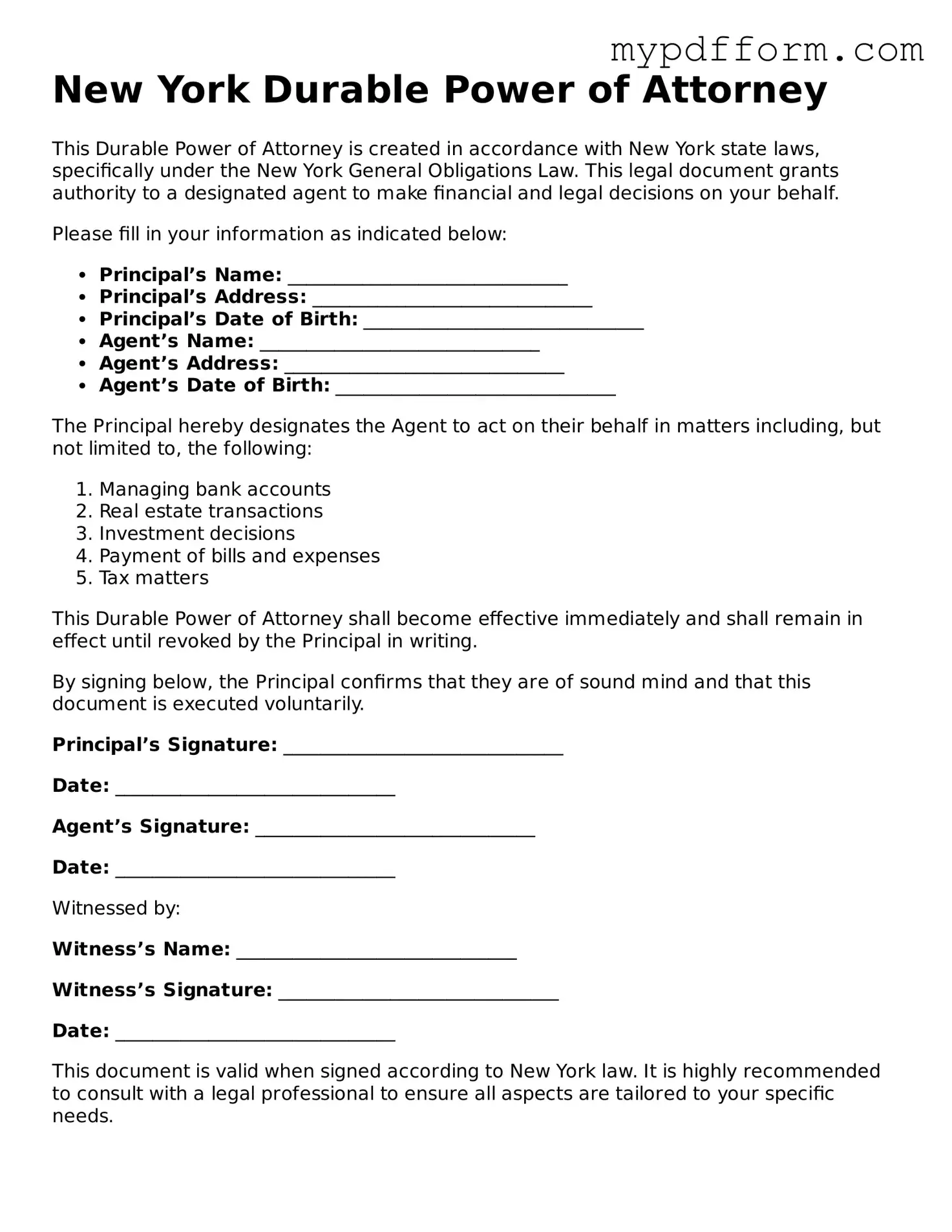 Valid  Durable Power of Attorney Template for New York