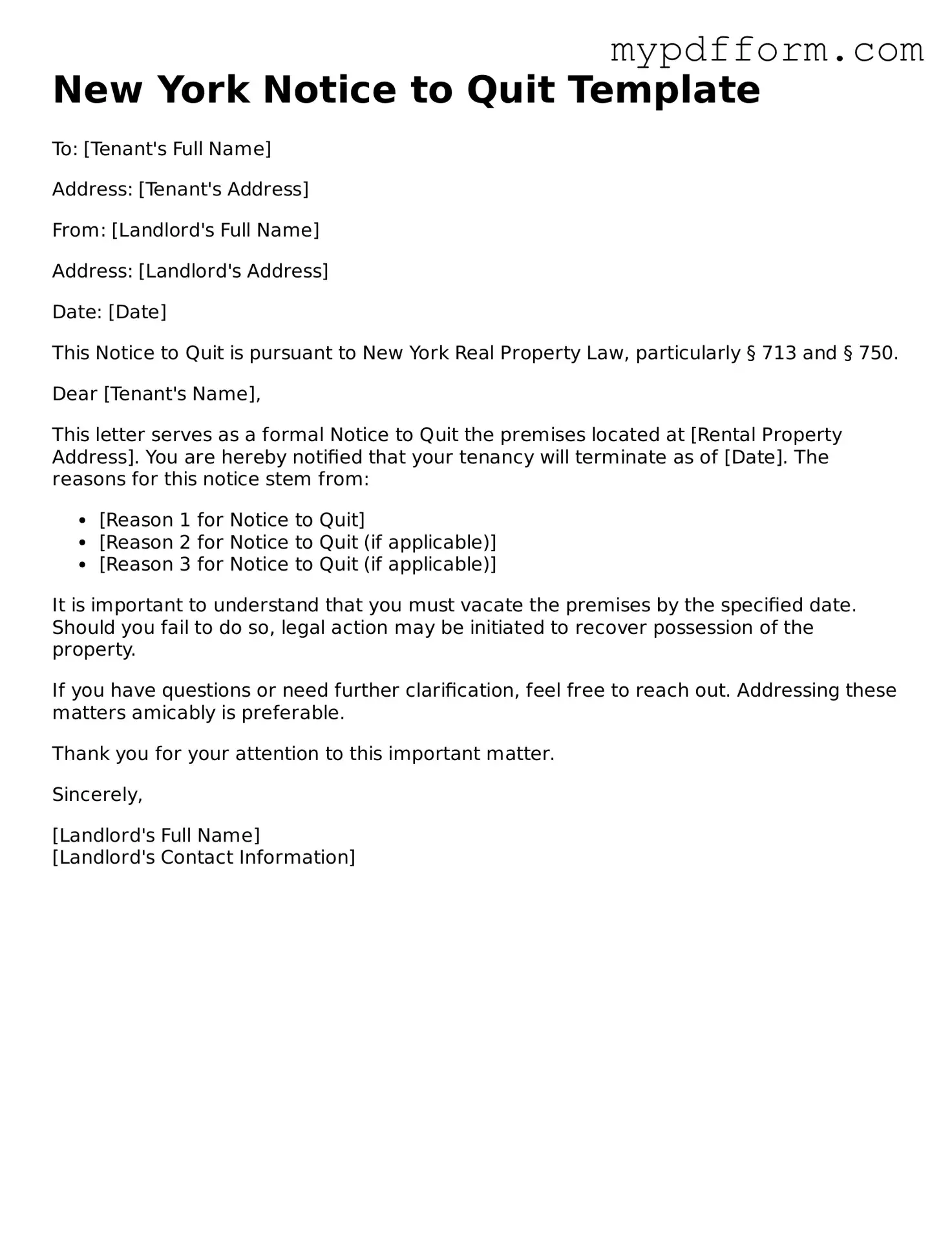 Valid  Notice to Quit Template for New York