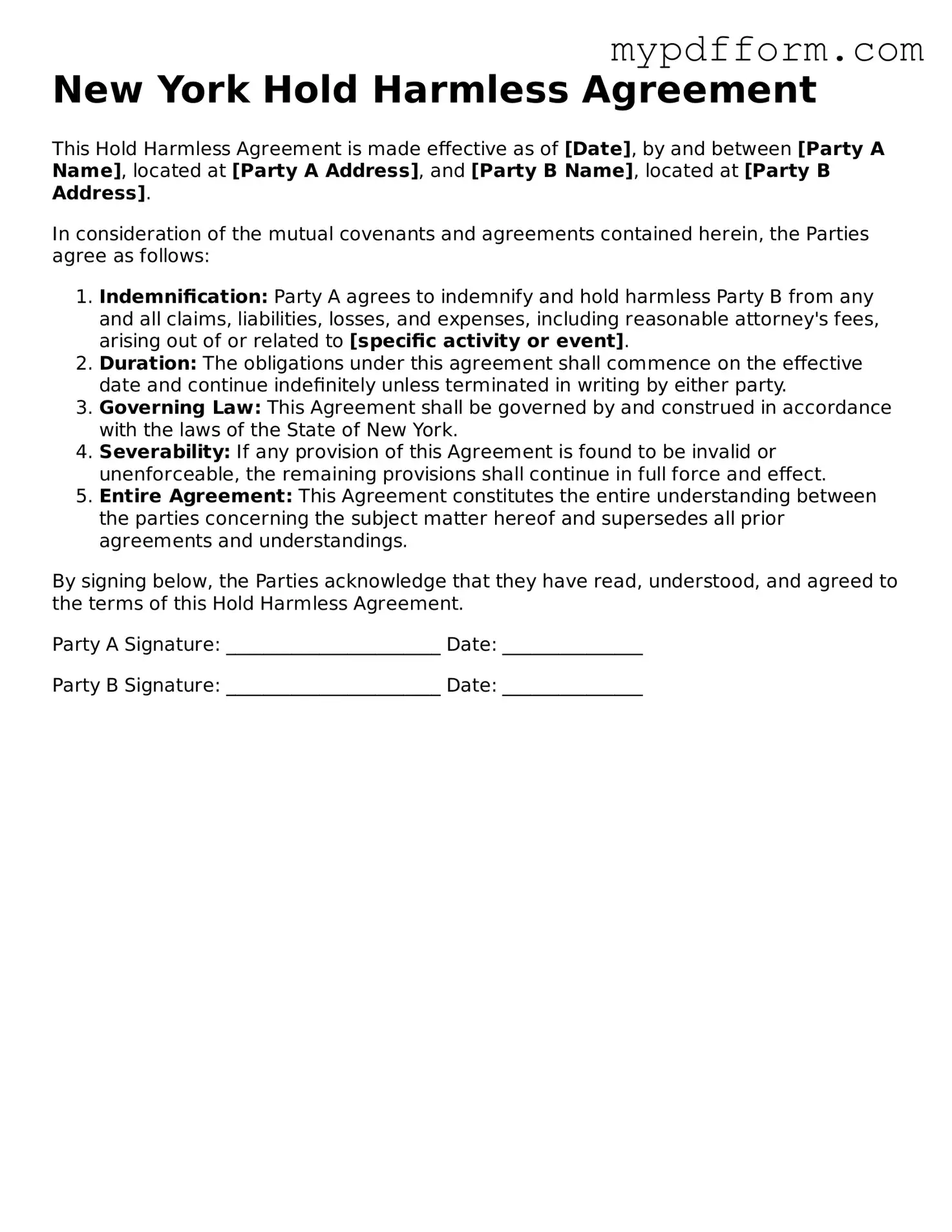 Valid  Hold Harmless Agreement Template for New York