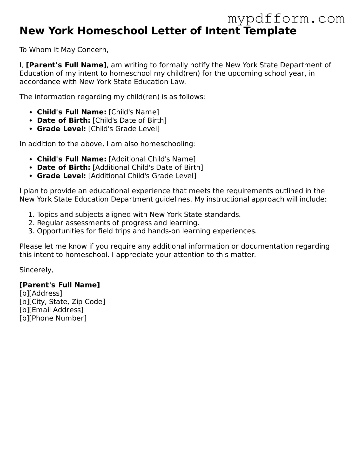 Valid  Homeschool Letter of Intent Template for New York