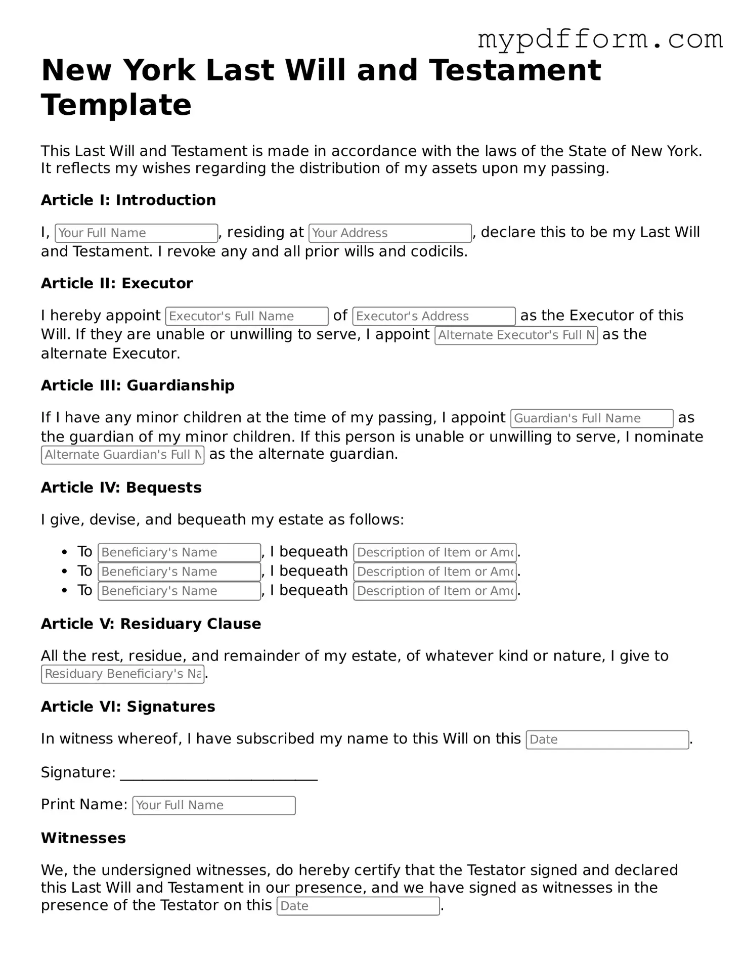 Valid  Last Will and Testament Template for New York
