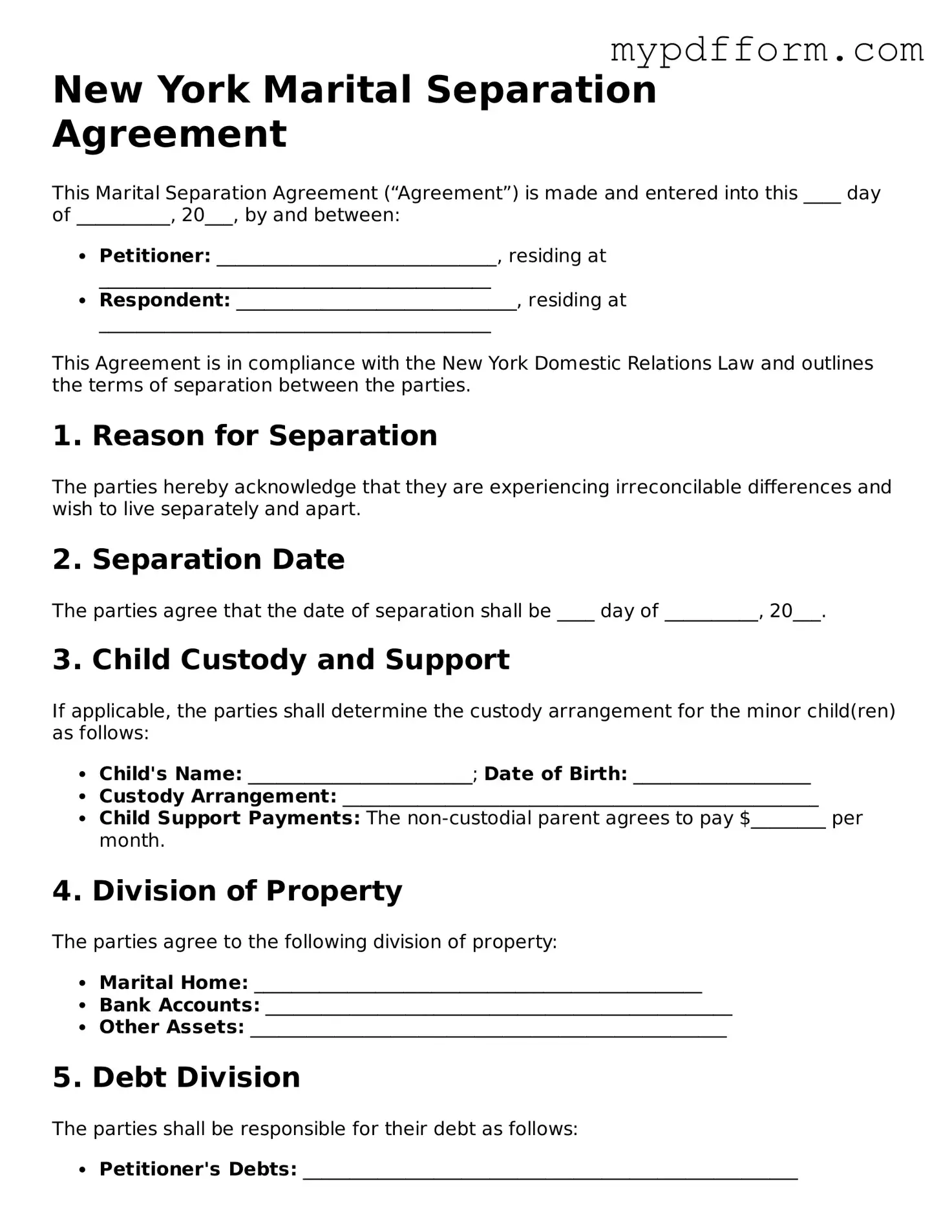 Valid  Marital Separation Agreement Template for New York