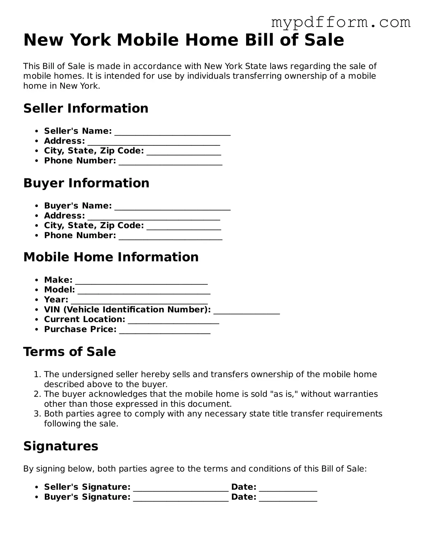Valid  Mobile Home Bill of Sale Template for New York