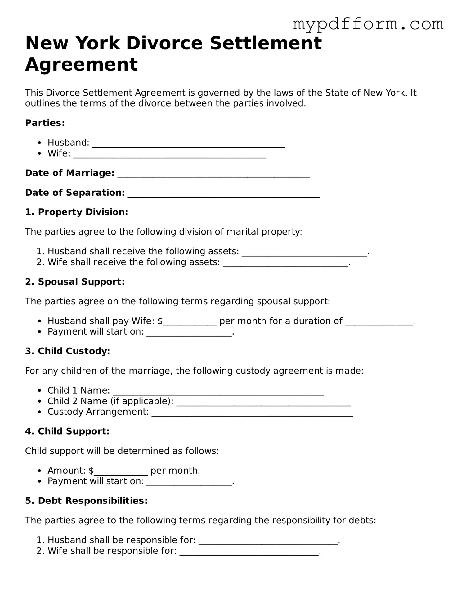 Valid  Divorce Settlement Agreement Template for New York