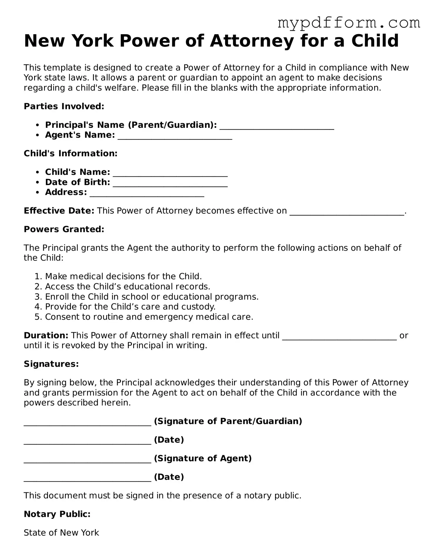 Valid  Power of Attorney for a Child Template for New York