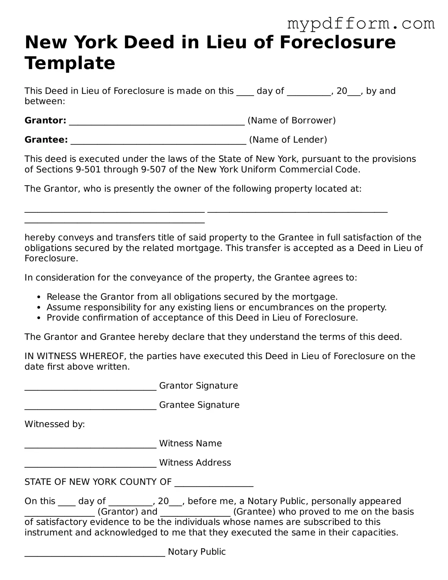Valid  Deed in Lieu of Foreclosure Template for New York
