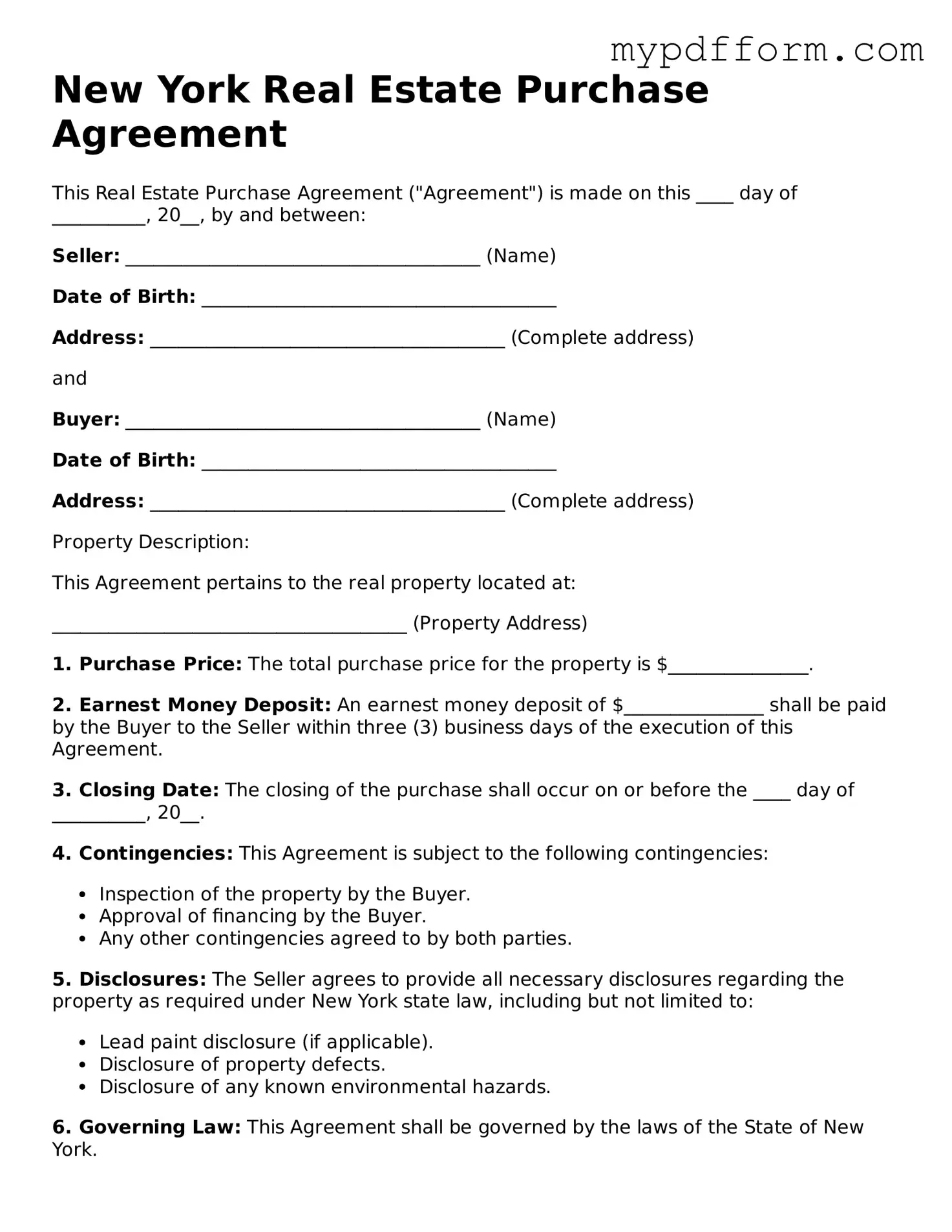 Valid  Real Estate Purchase Agreement Template for New York