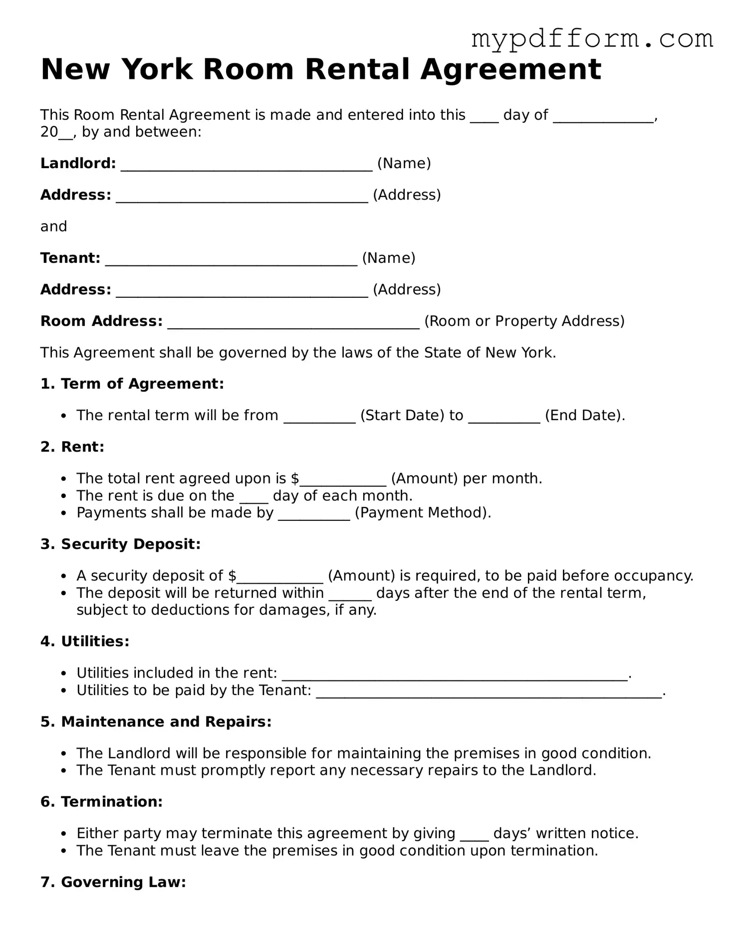 Valid  Room Rental Agreement Template for New York