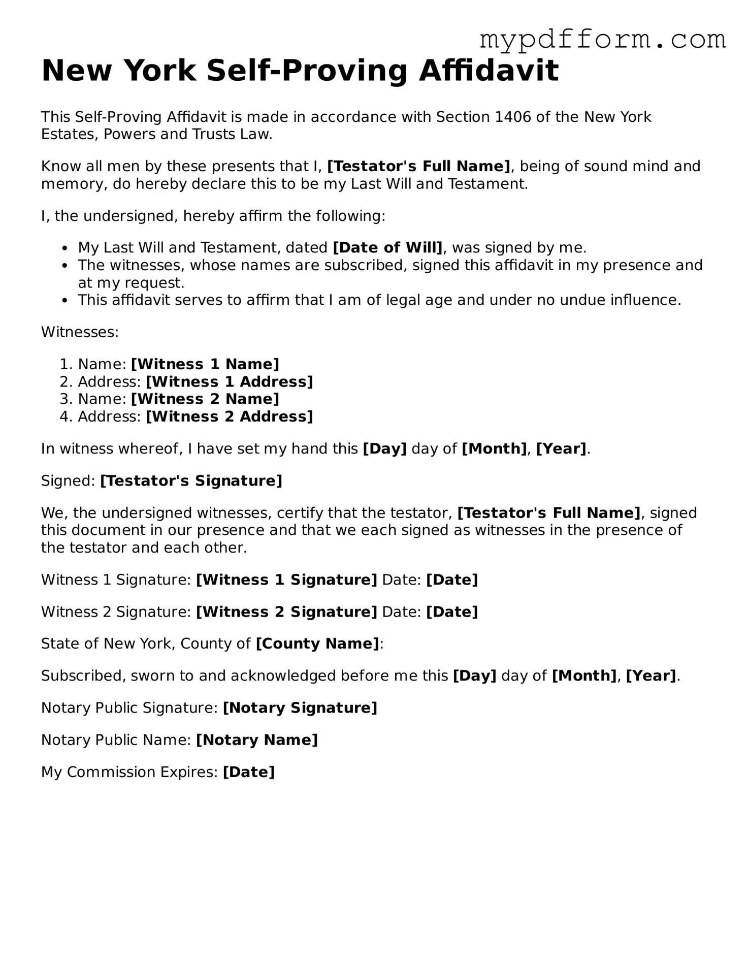 Valid  Self-Proving Affidavit Template for New York