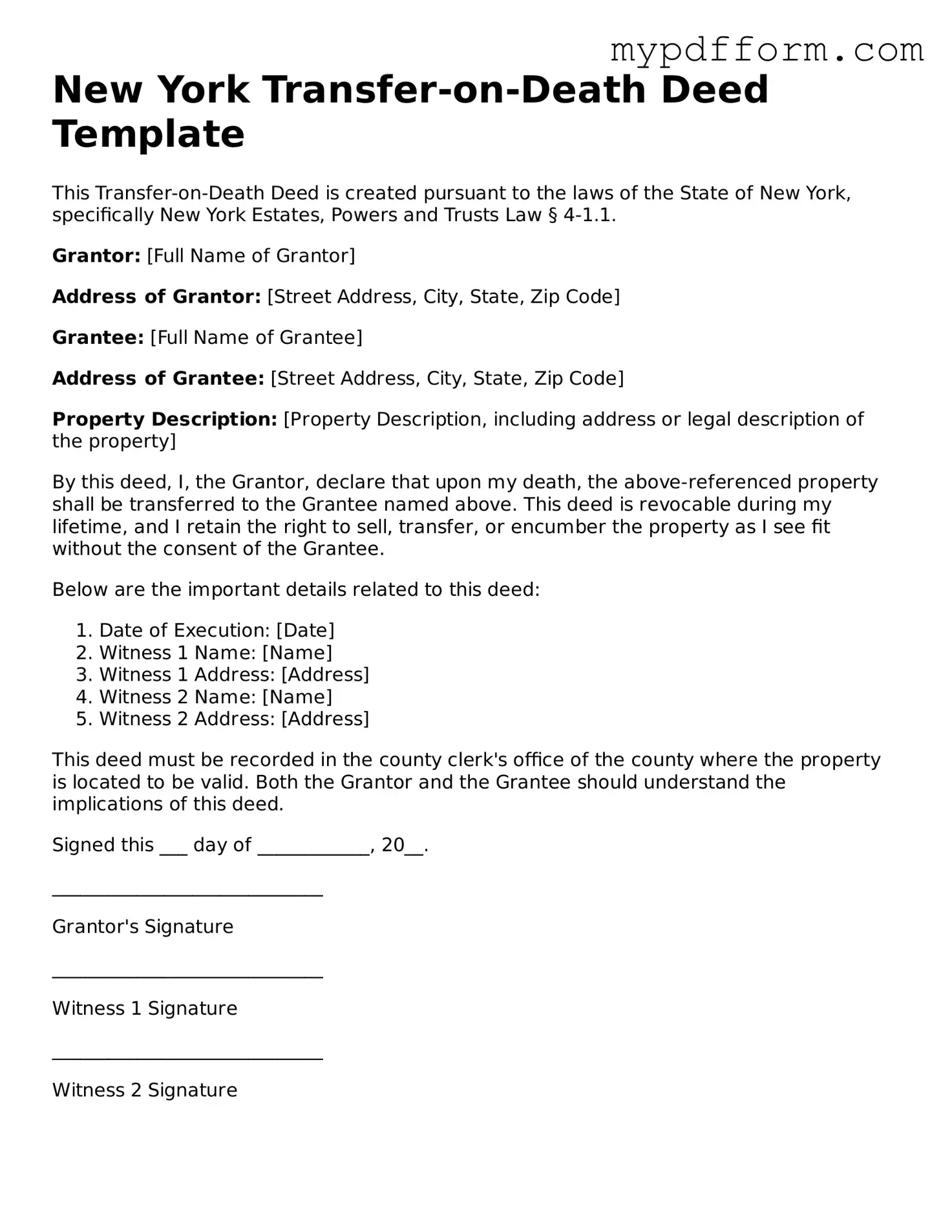 Valid  Transfer-on-Death Deed Template for New York