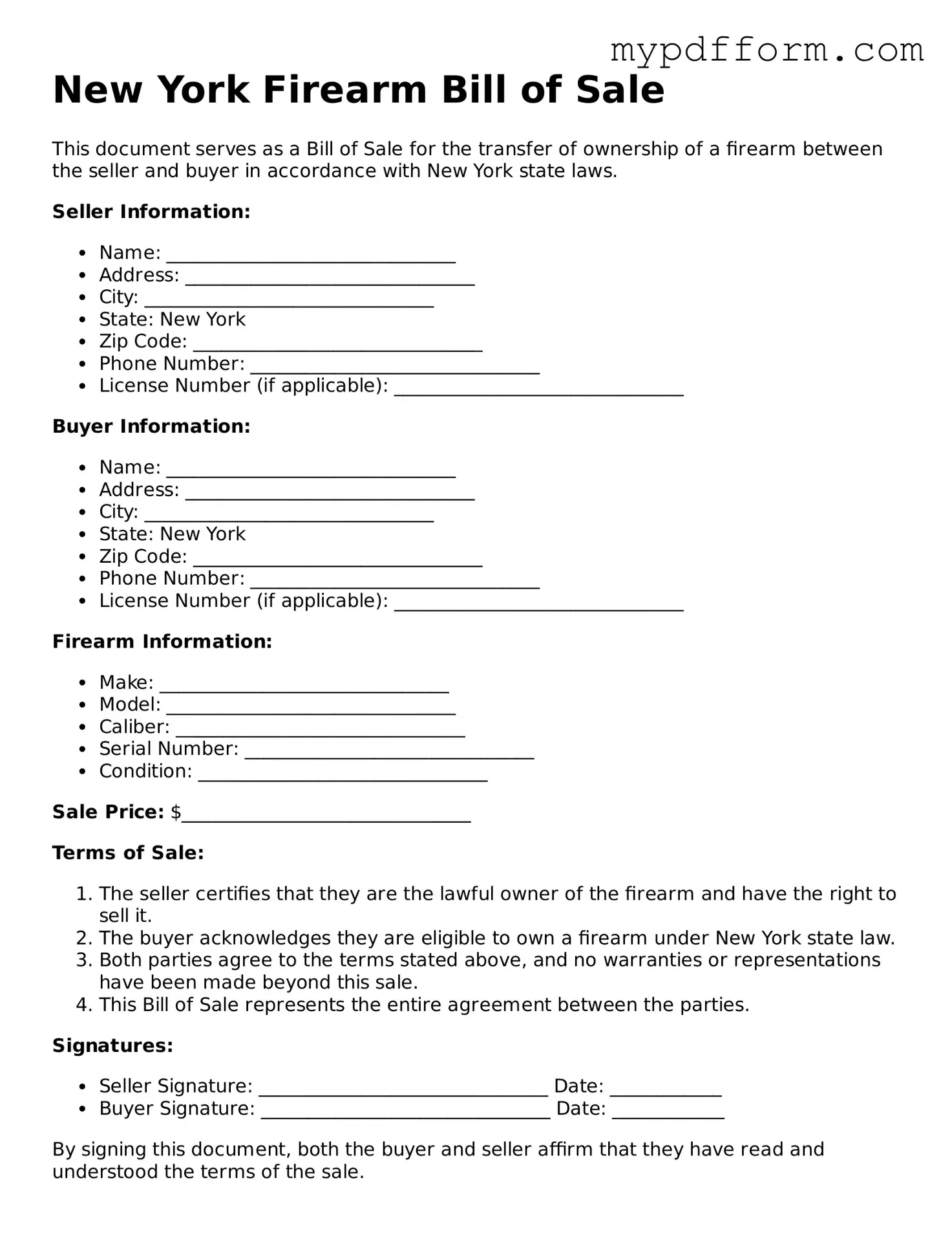 Valid  Firearm Bill of Sale Template for New York