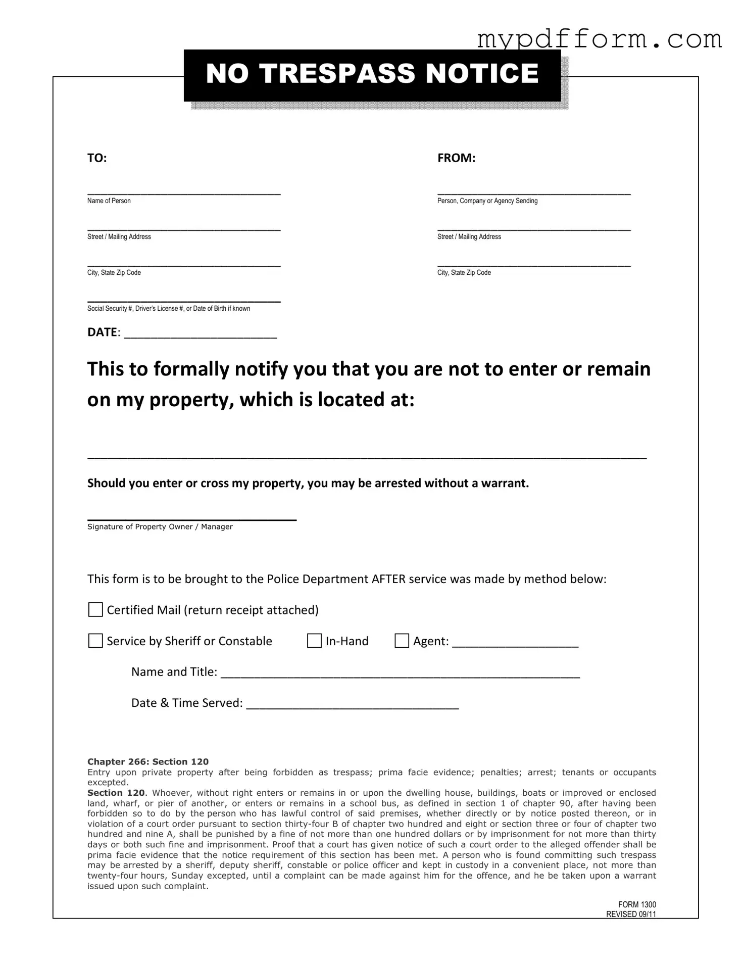 Fill in Your No Trespassing Letter Form