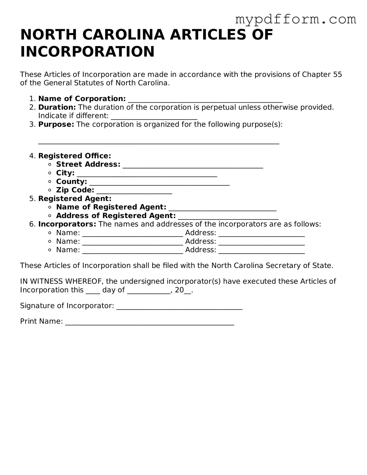 Valid  Articles of Incorporation Template for North Carolina