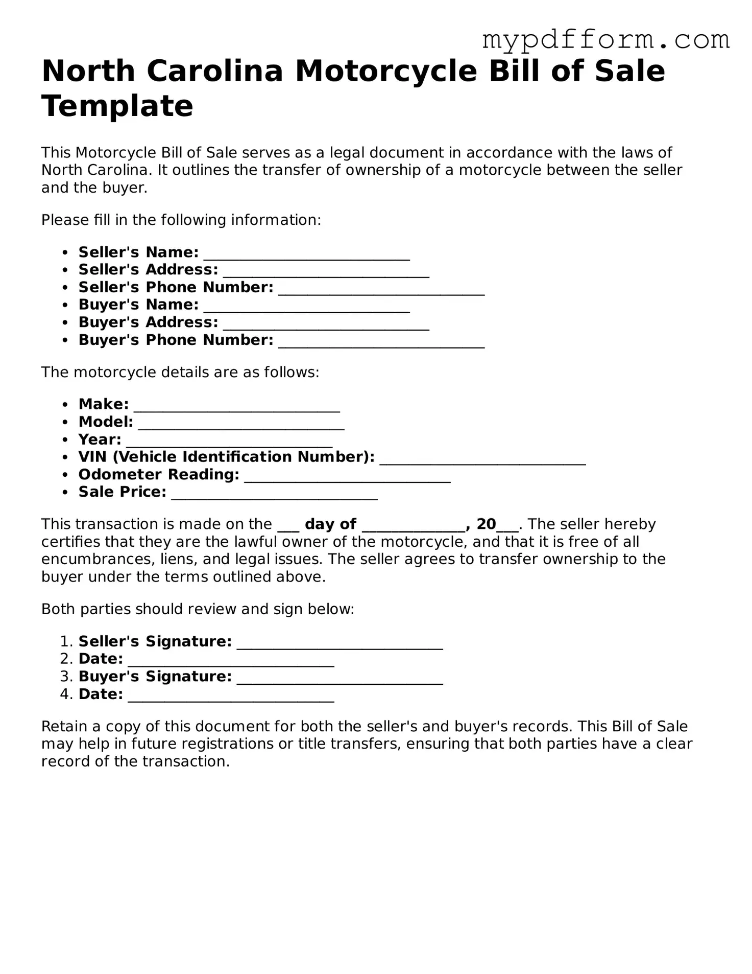 Valid  Motorcycle Bill of Sale Template for North Carolina