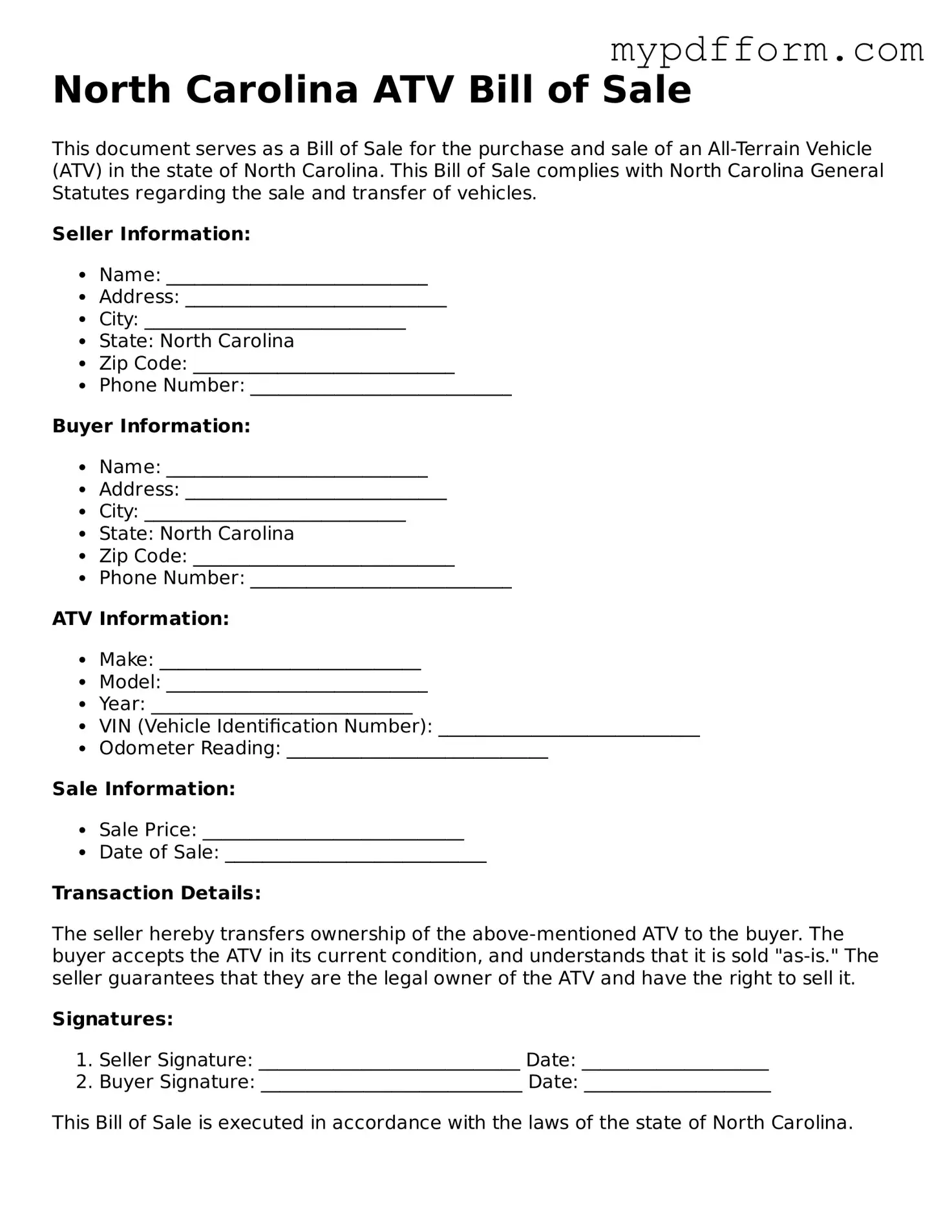 Valid  ATV Bill of Sale Template for North Carolina