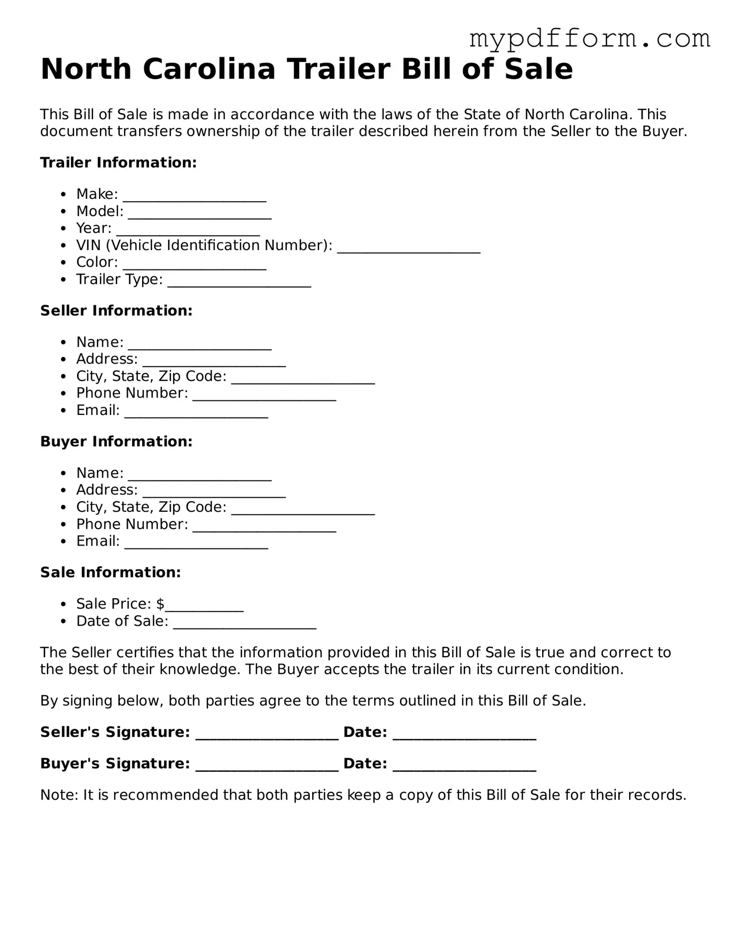 Valid  Trailer Bill of Sale Template for North Carolina