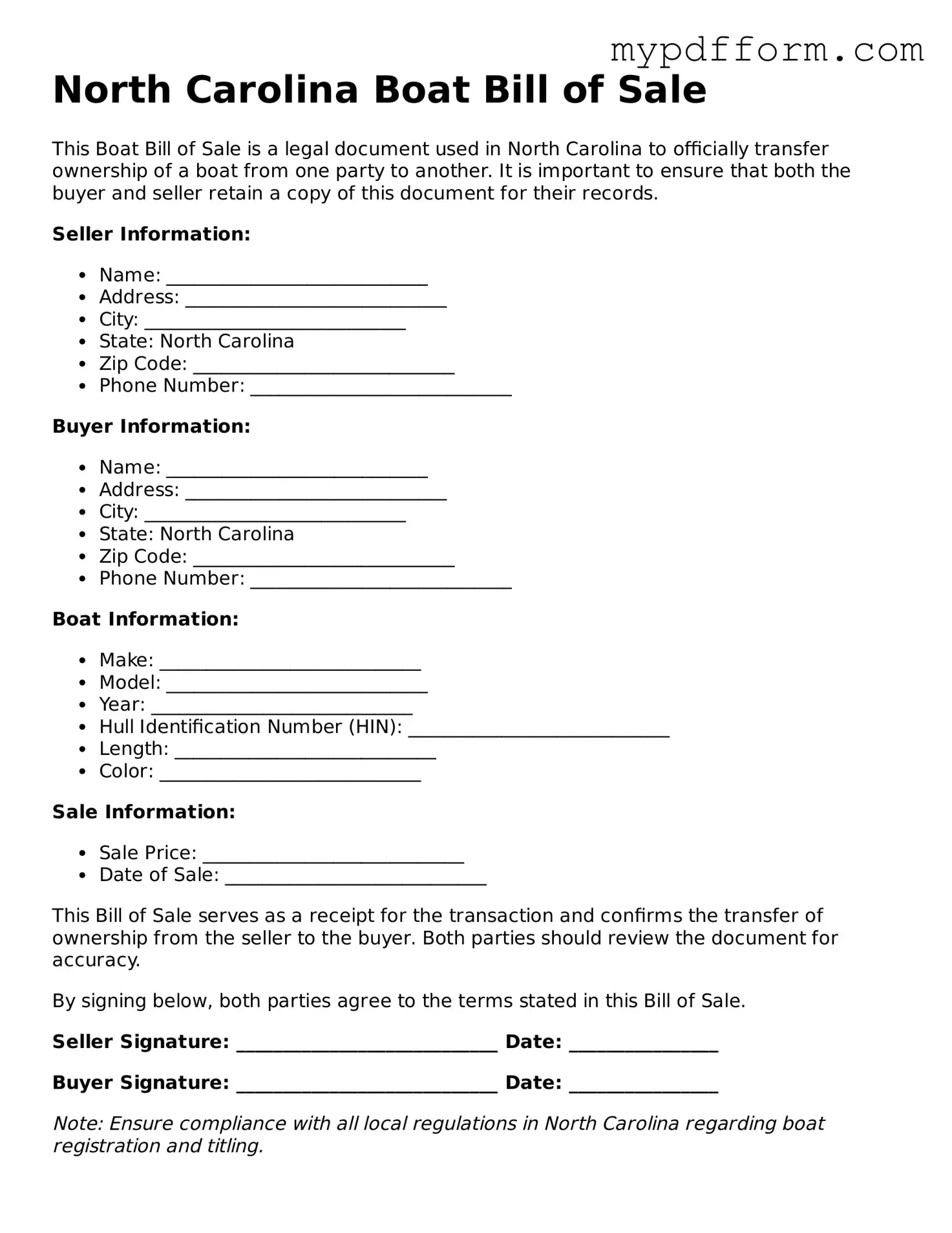 Valid  Boat Bill of Sale Template for North Carolina
