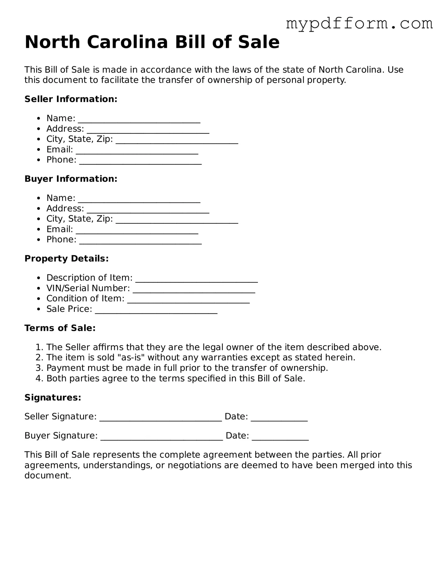 Valid  Bill of Sale Template for North Carolina