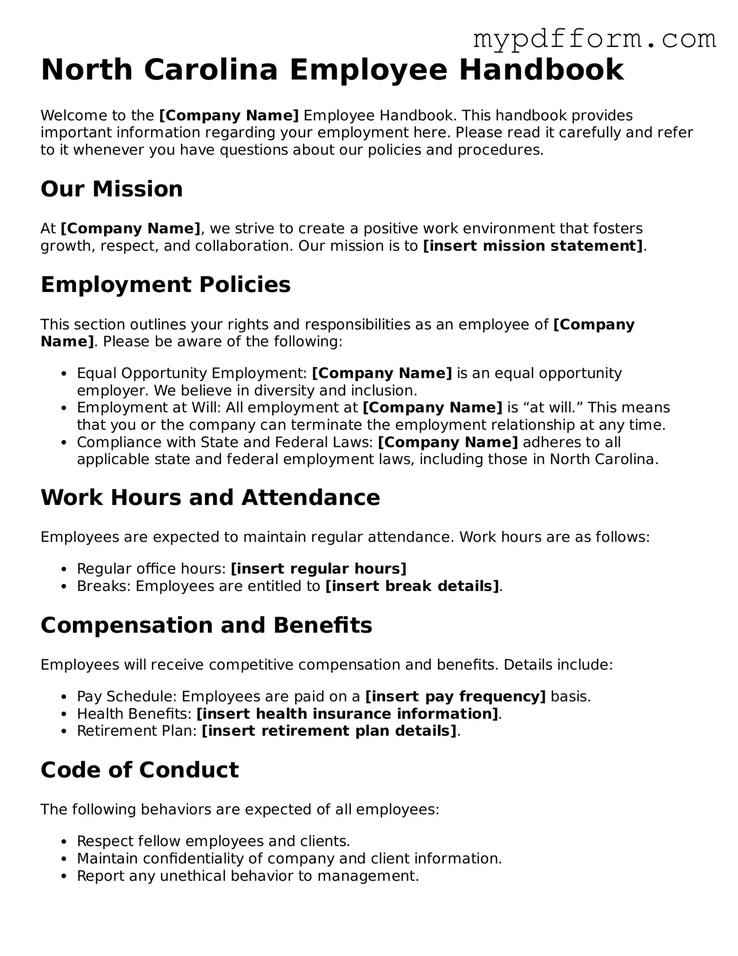 Valid  Employee Handbook Template for North Carolina