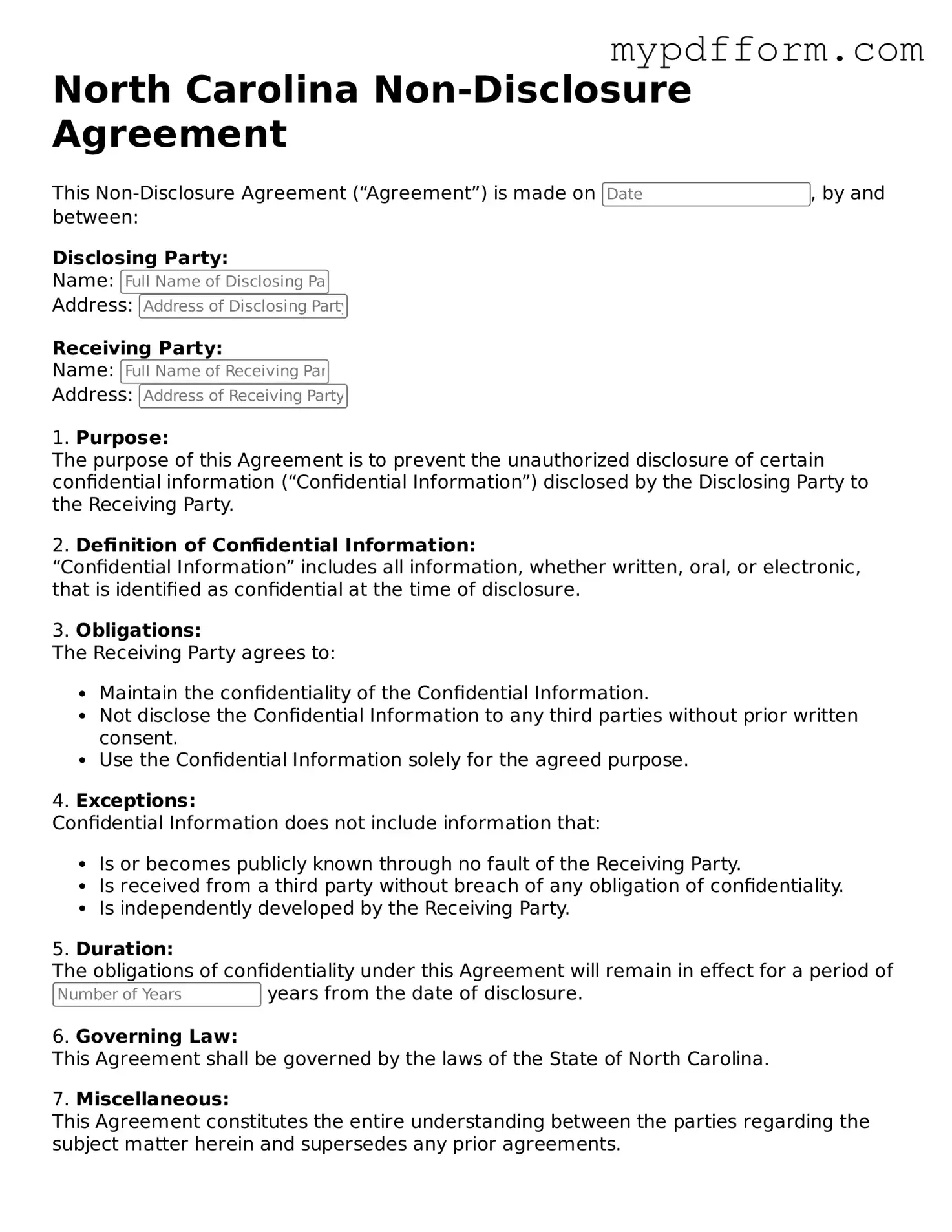 Valid  Non-disclosure Agreement Template for North Carolina