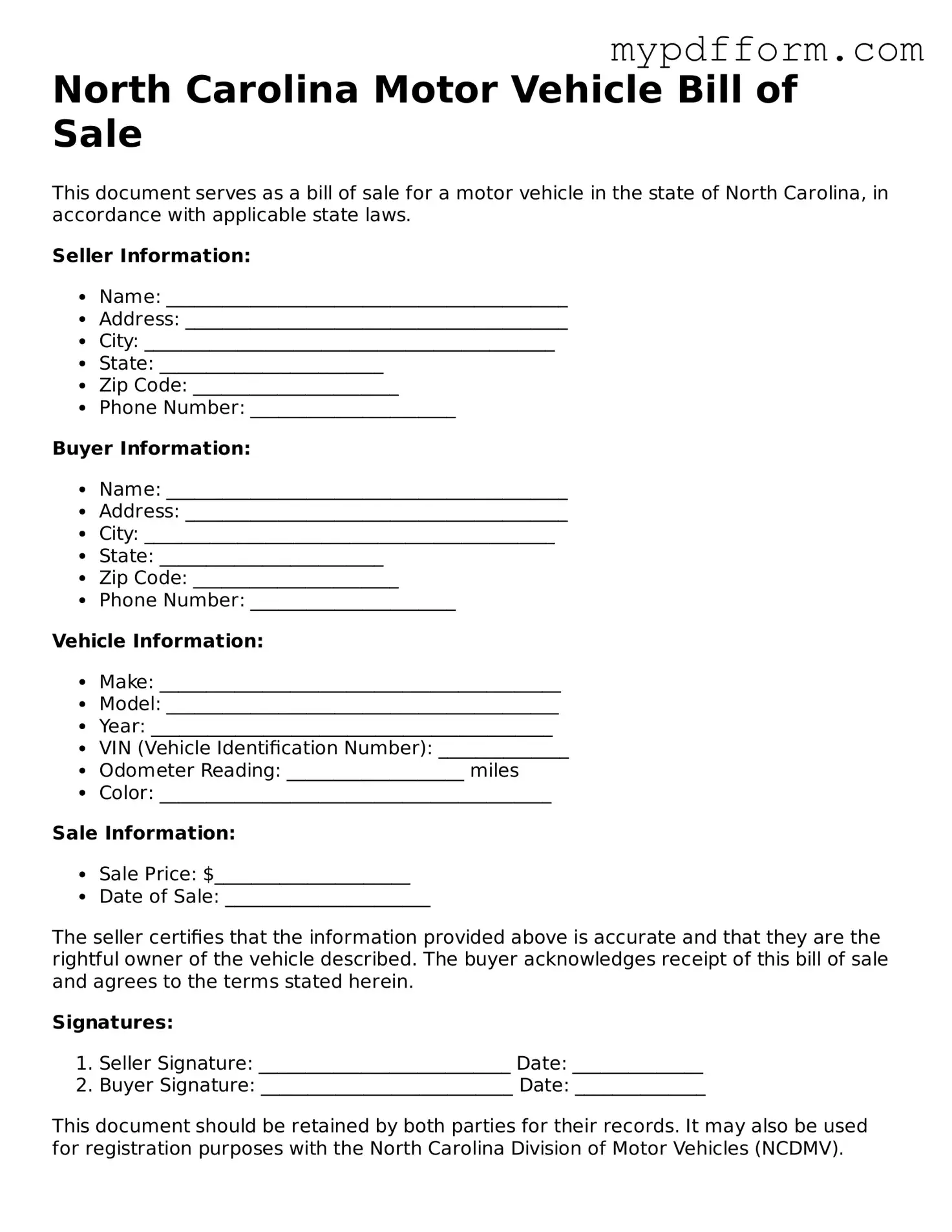 Valid  Motor Vehicle Bill of Sale Template for North Carolina