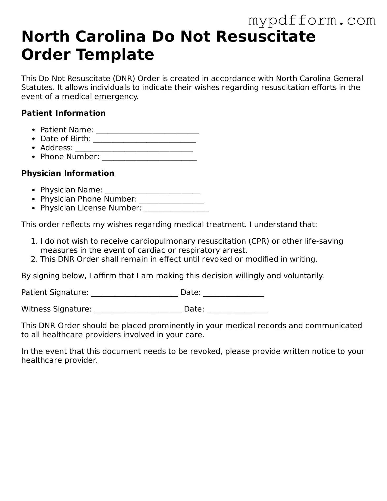 Valid  Do Not Resuscitate Order Template for North Carolina