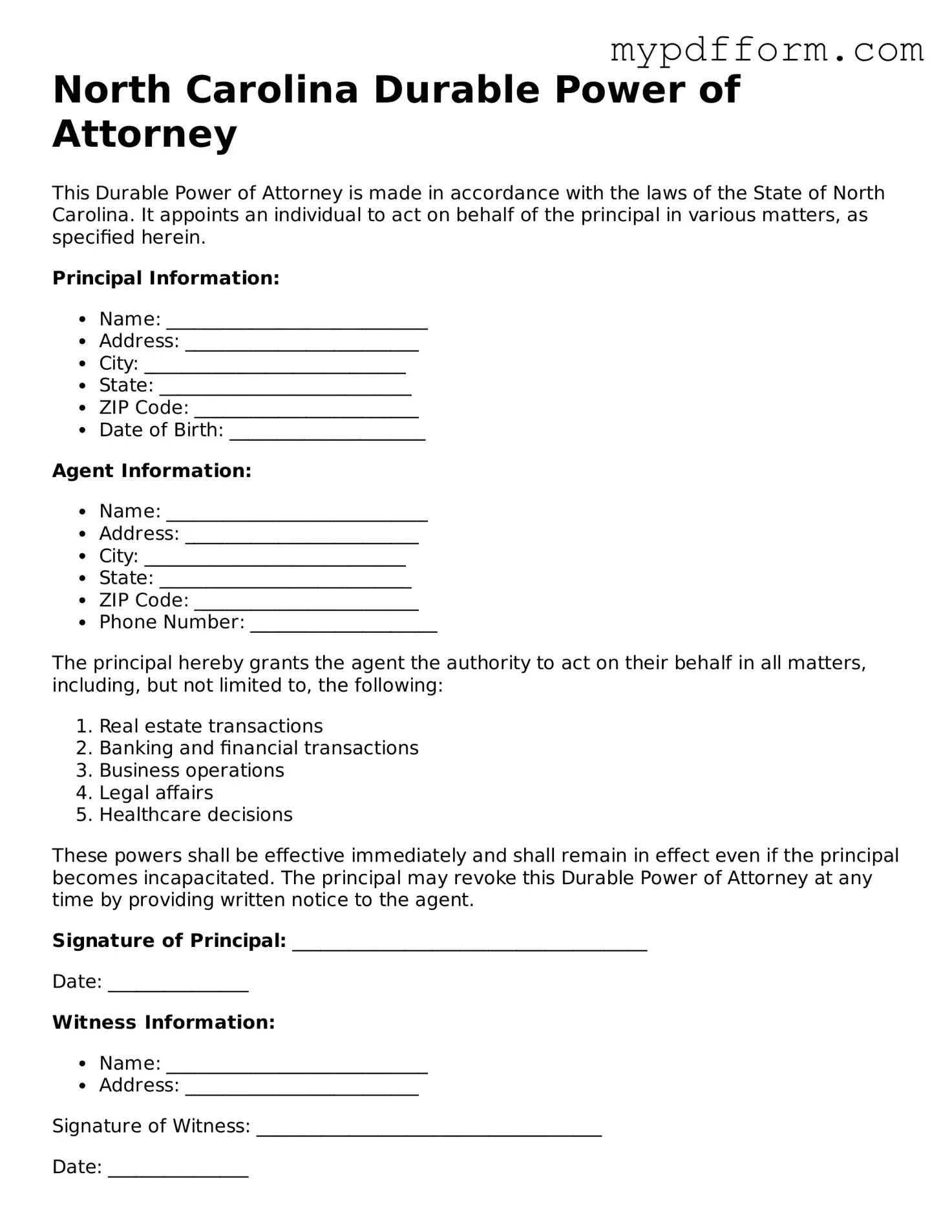 Valid  Durable Power of Attorney Template for North Carolina